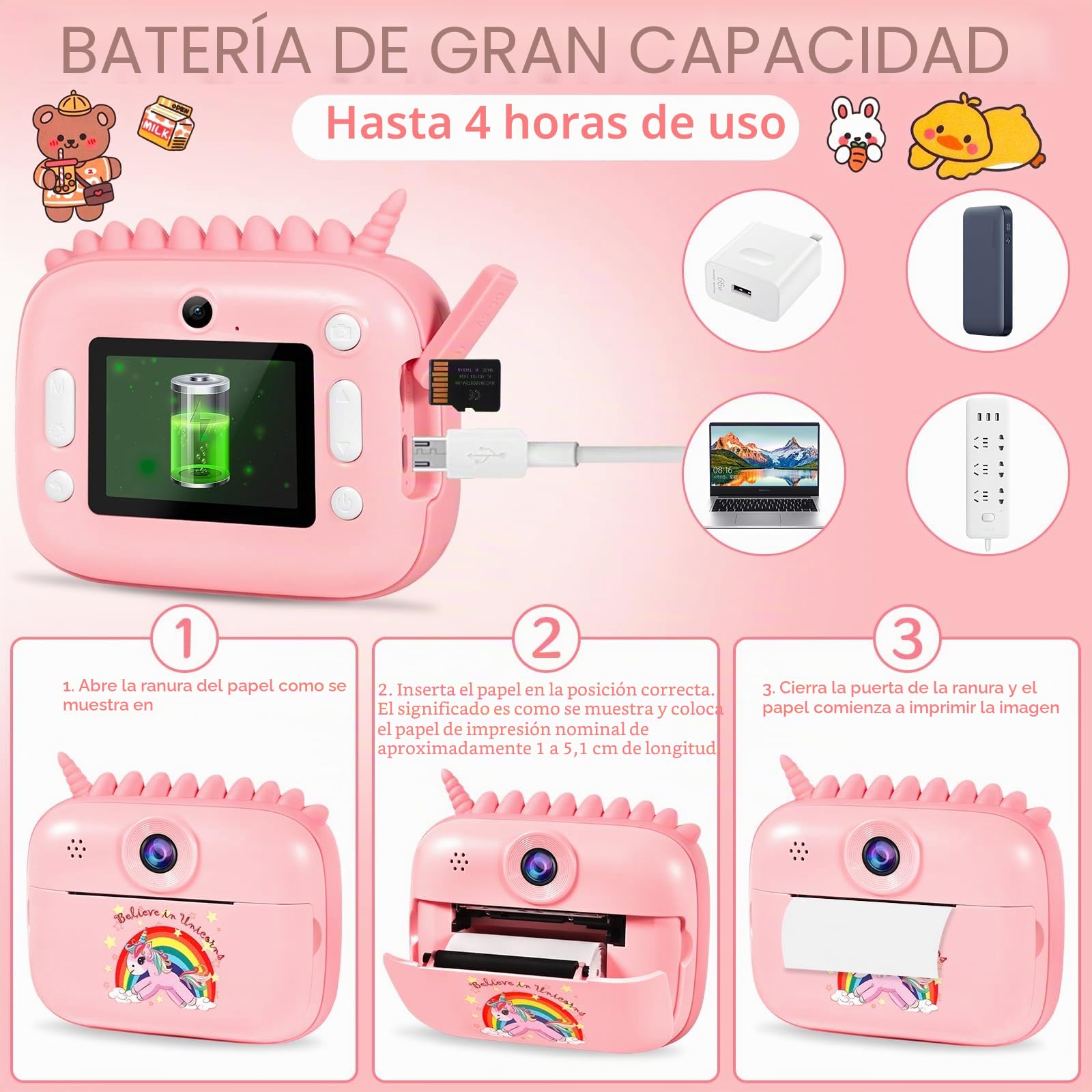 Camara Fotos Infantil Instantanea, 2.4" HD 1080P Cámara para Niños con Tarjeta SD de 32GB,Bolígrafos de Colores y Papel de Impresión,Regalos Juguete