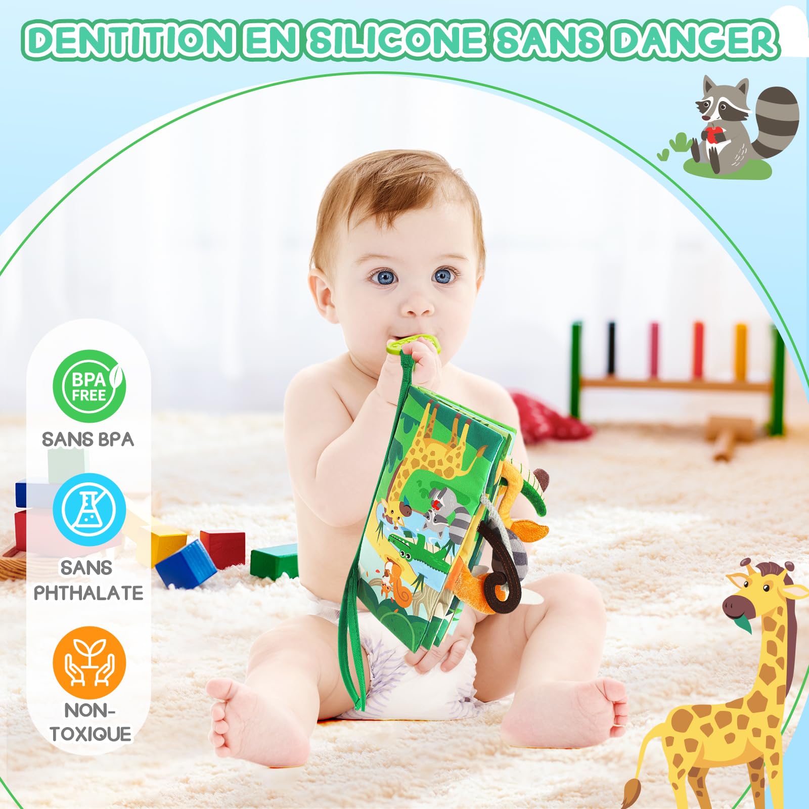 BBWOO Livre bébé 0-12 Mois, Livre bébé en Tissu Montessori aux Animaux 3D avec Anneau Dentition, Jouet bébé et Jeux pour l’éveil sensoriel et Le Tummy Time, Lavable, Un Cadeau bébé idéal