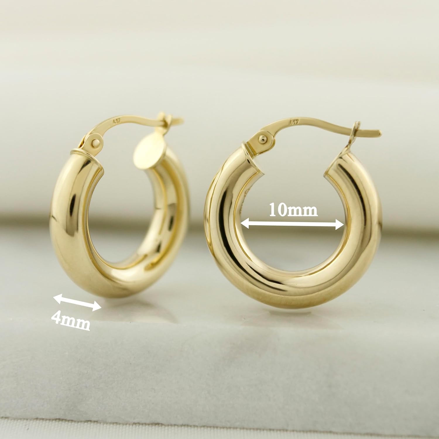 10k Solid Hoop Earrings, Classic Tube Hoops, Chunky Real Gold Hoops