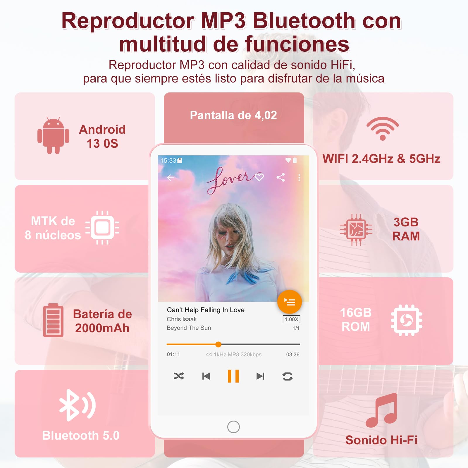 16GB Reproductor MP3 con WiFi Bluetooth, Pantalla IPS táctil 4.02" | Reproductor de música para niños, Reproductor MP4 Android 13 con Spotify, Audible, Deezer, Externo hasta 1TB, Pink