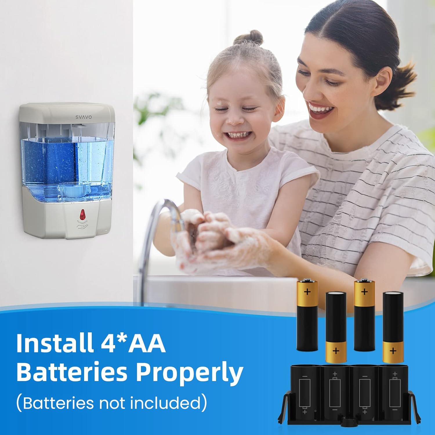 Diagram showing how to properly install 4 AA batteries into the dispenser's battery compartment.
