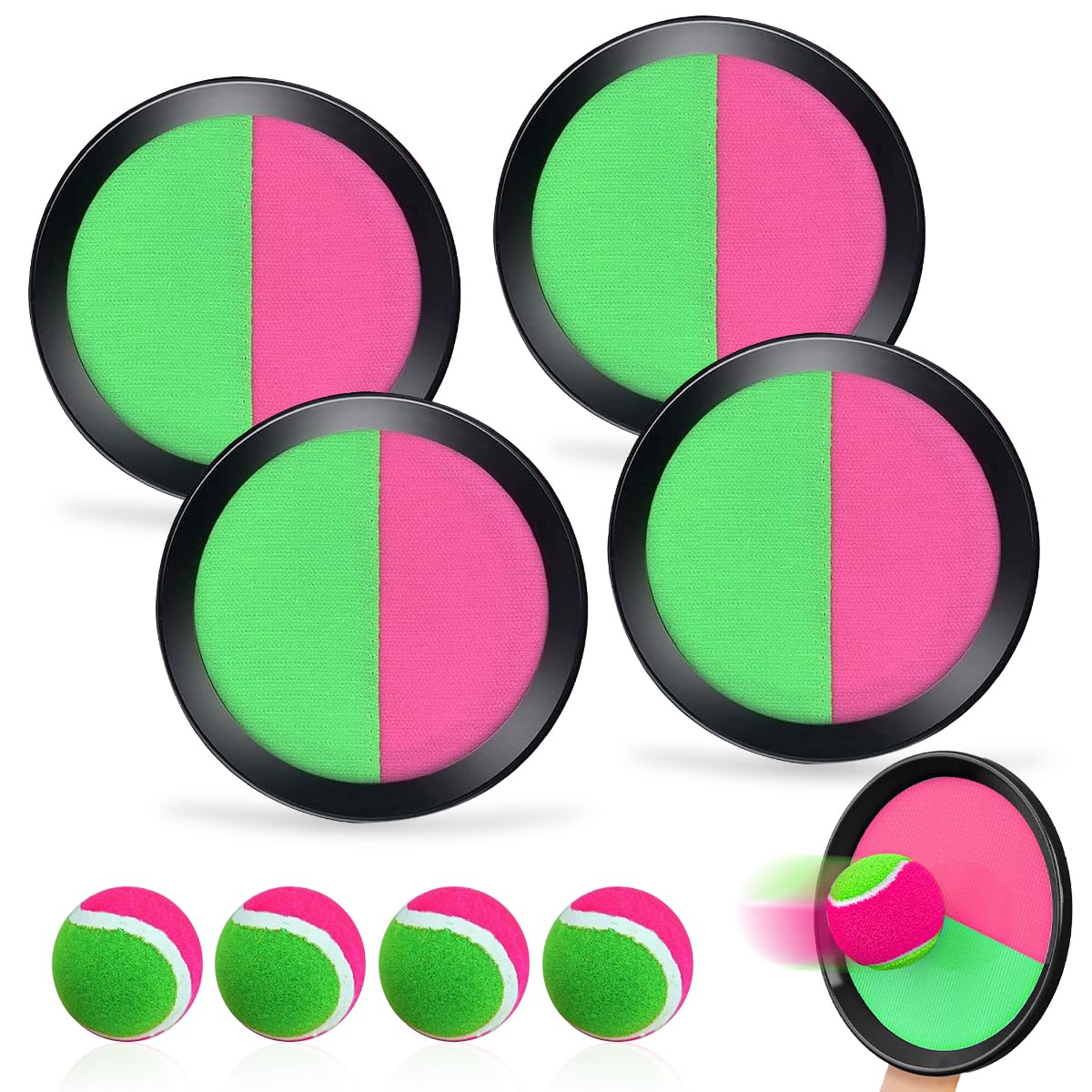 Balle Raquette Scratch Jeux, Jeu de Balle à Attraper Raquette avec 4 Raquettes + 4 Balles, Lancer Catch Ball Jouet Enfants, Jeu de Pagaies et de Lancer pour Jardin Cour Piscine Plage (2 paires)