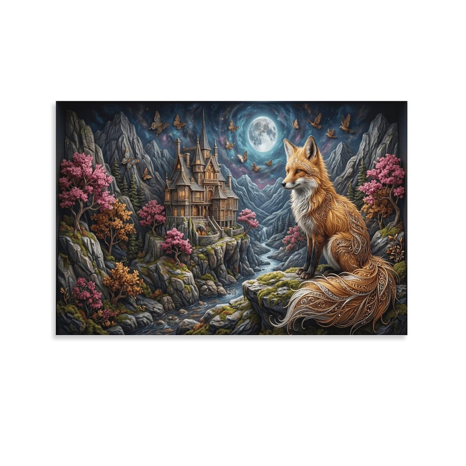 XPASHIQWC Fox Poster Artwork Full‑Moon Valley Giclee Canvas Prints Modern Canvas Wall Art Picture Wall Hanging for Living Room Home Decorations 24x36inch(60x90cm)