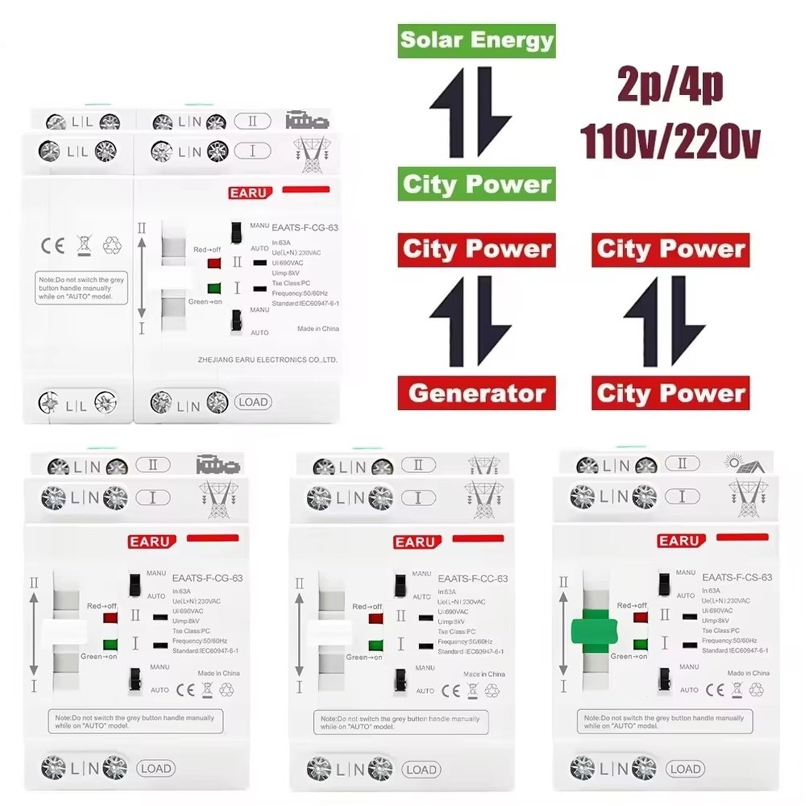 Rail 2P 4P 63A AC 220V AC 110V ATS PV Interruttore di trasferimento automatico a doppia alimentazione Interruttori di selezione elettrica Alimentazione ininterrotta