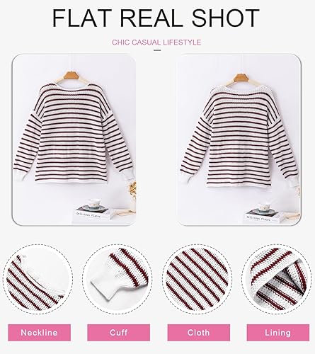 Miniatura 5 de Dokotoo Suéteres para mujer, cuello redondo, manga larga, a rayas, bloque de color, suelto, suéter de punto