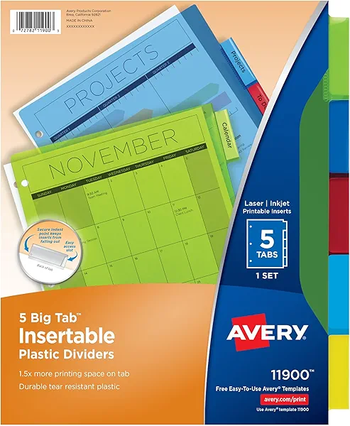 Avery Dividers for 3 Ring Binders, 5-Tab Binder Dividers, Plastic Binder Dividers, Insertable Big Tabs, Multicolor, 24 Sets (11900)