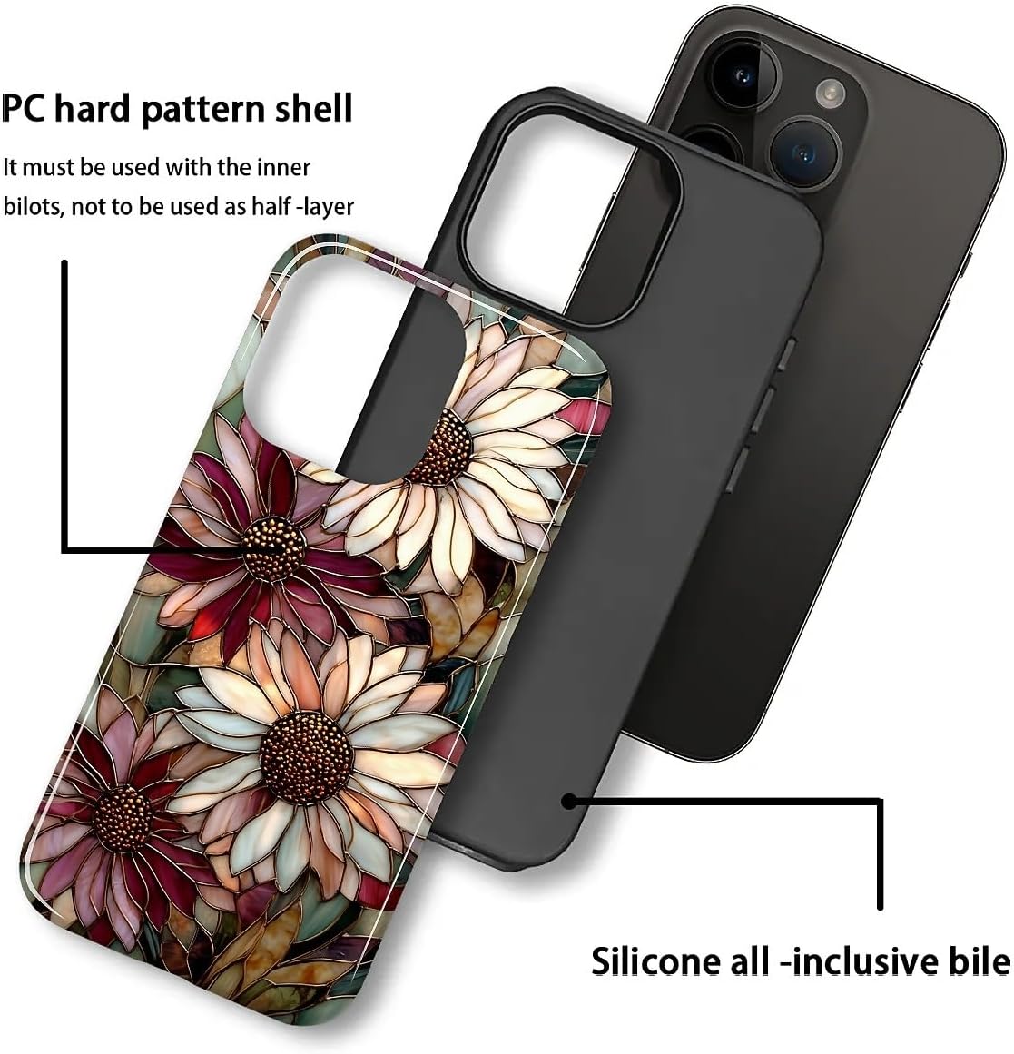 Compatible with iPhone 15 Pro Max Case - Dual-Layer Protection, Hard Shell with Silicone Interior,Slim Scratch Resistant Shockproof for Woman Men - Vintage Floral Sunflower Mosaic image 3