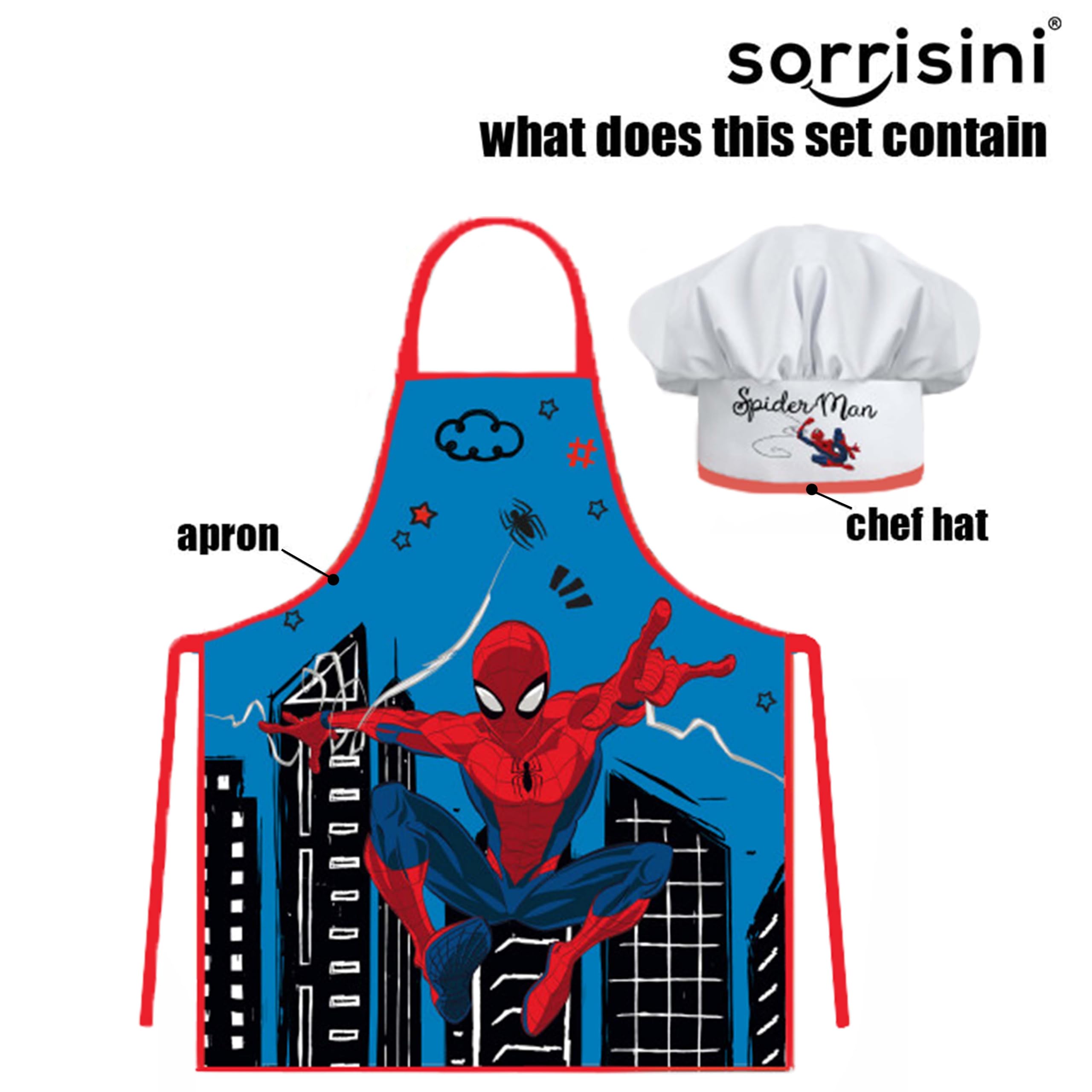 Fartuch kuchenny dla dzieci, Kapelusz szefa kuchni dla dzieci, Fartuch i regulowany kapelusz szefa kuchni do gotowania, Pieczenia lub malowania, Spiderman City