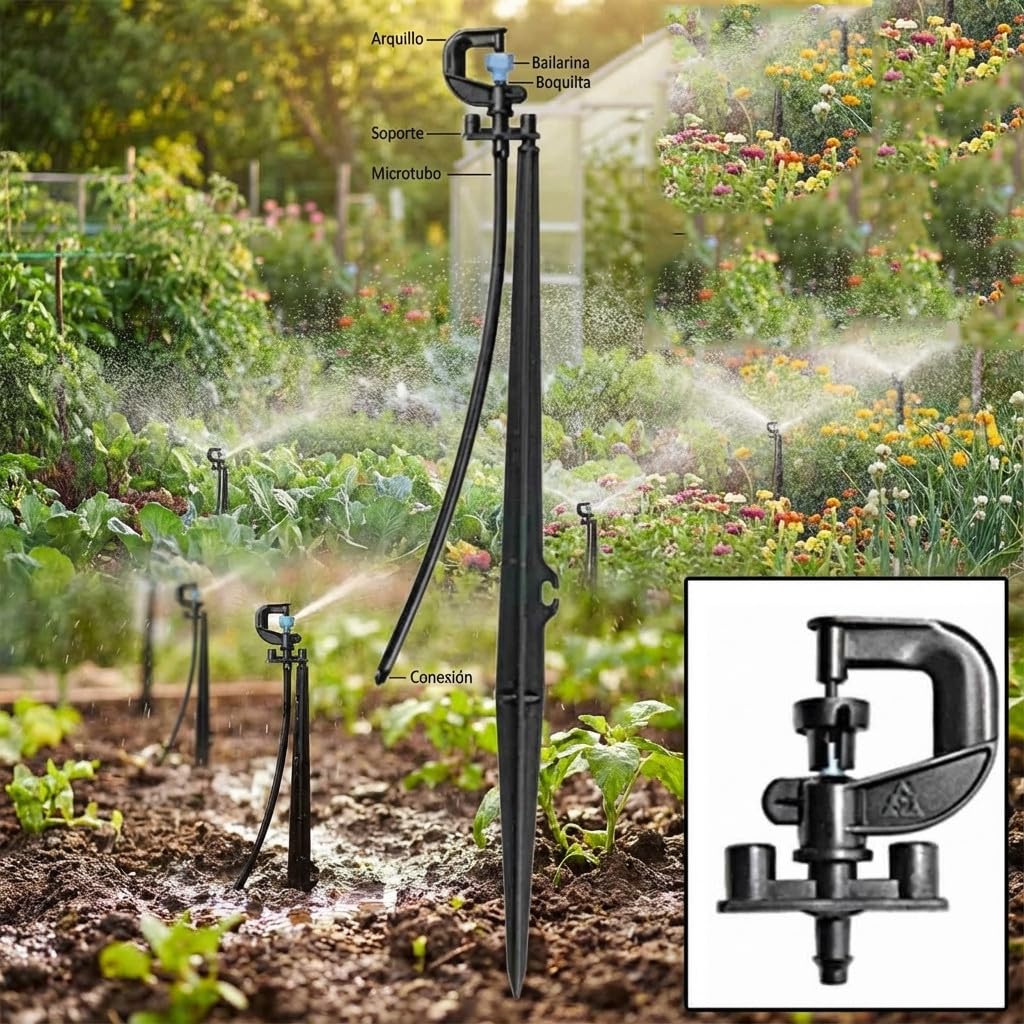 Suinga 50 x MICROASPERSOR Bailarina 360º montado con microtubo, estaca 45 cm para riego agricola y riego en jardineria. Caudal 73 a 125 l/h. Alcance 3 Metros