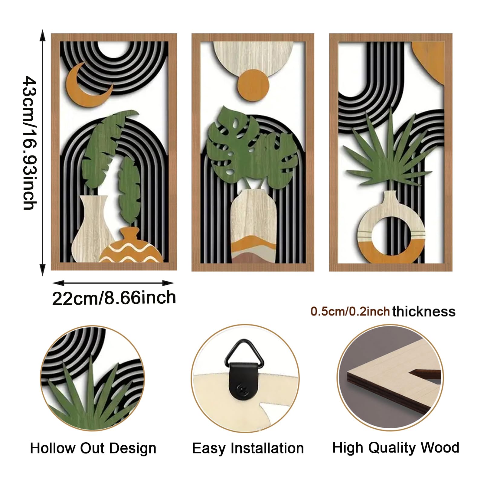 Yixuan 3 Pièces Sculptures Murales Décoratives en Bois Léger, Décor Boho Chic avec Motifs Feuille de Palmier et Formes Géométriques, Art Mural Abstrait Moderne pour Salon, Chambre, Entrée ou Bureau - 4