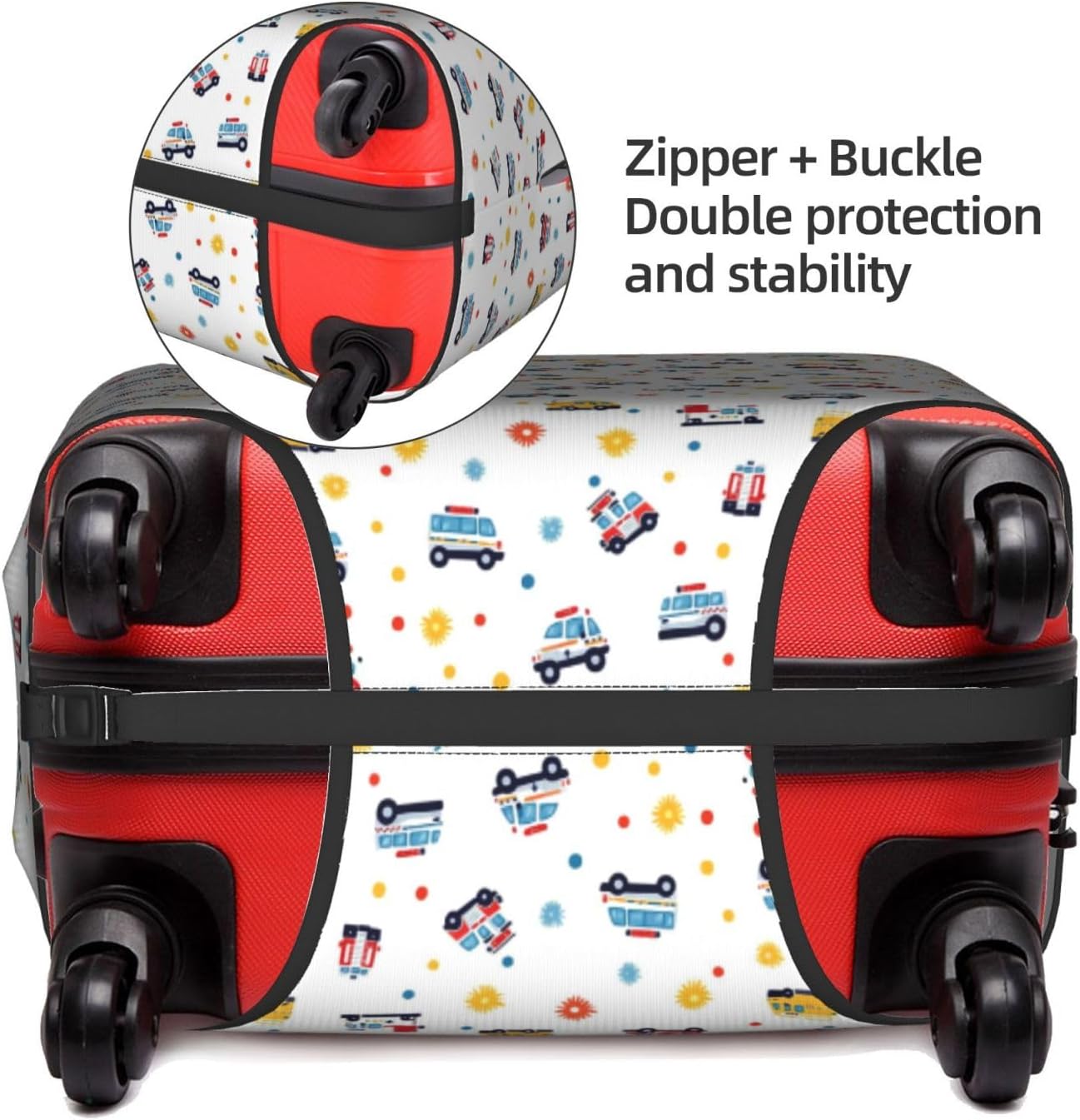 Little Boy Toy Police Ambulance Pattern Luggage Cover, Elastic Suitcase Protector for 22-24 Inch (M) Suitcases, Dustproof & Scratch-Resistant Travel Cover with Double-Sided Design image 3