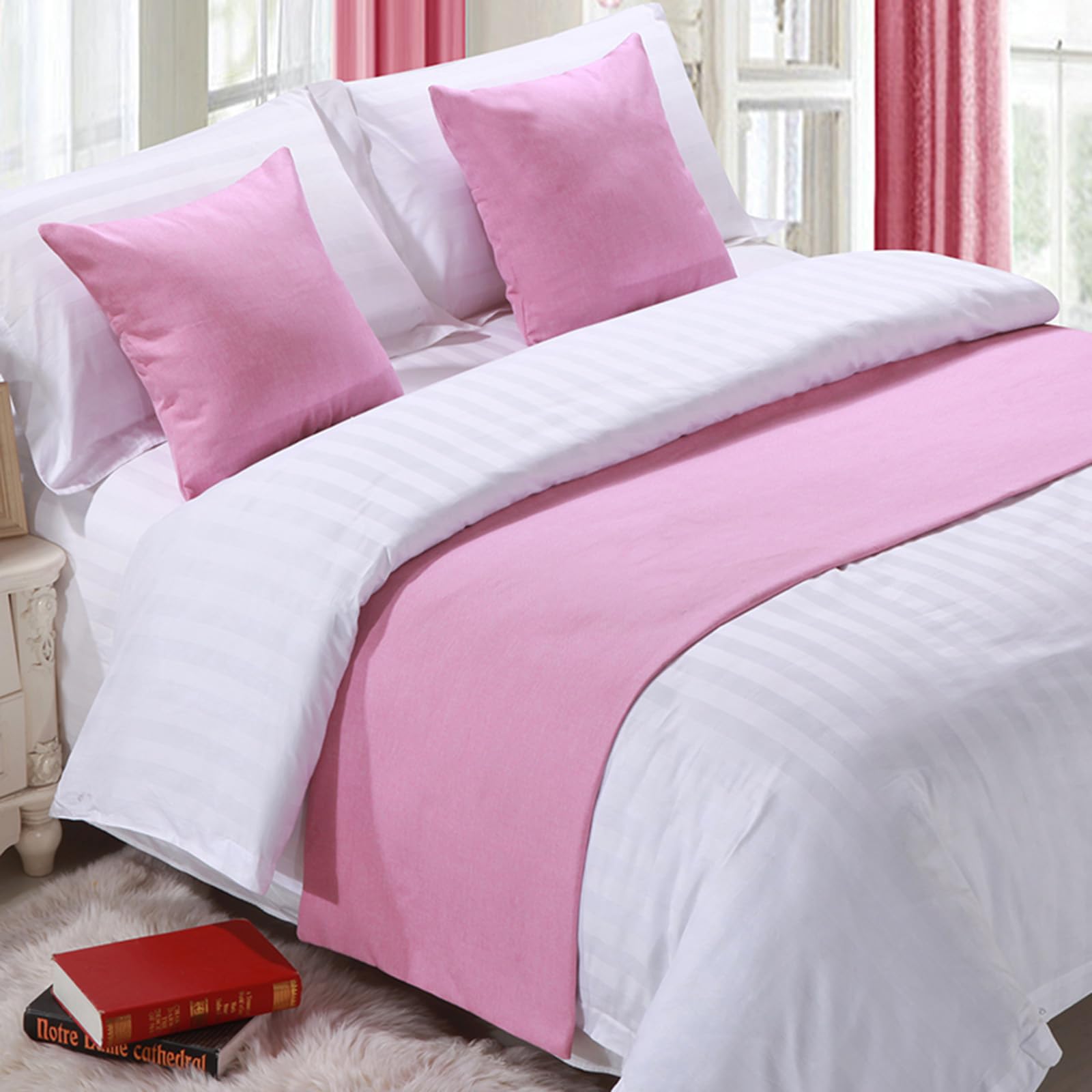 QRGMKL Premium Bed Runner for Foot of Bed, Solid Color Bed Scarf Cotton Linen Bedspread Home Decoration Hotel Bedroom Bedding Protector-Pink||260X50cm for 2m Bed