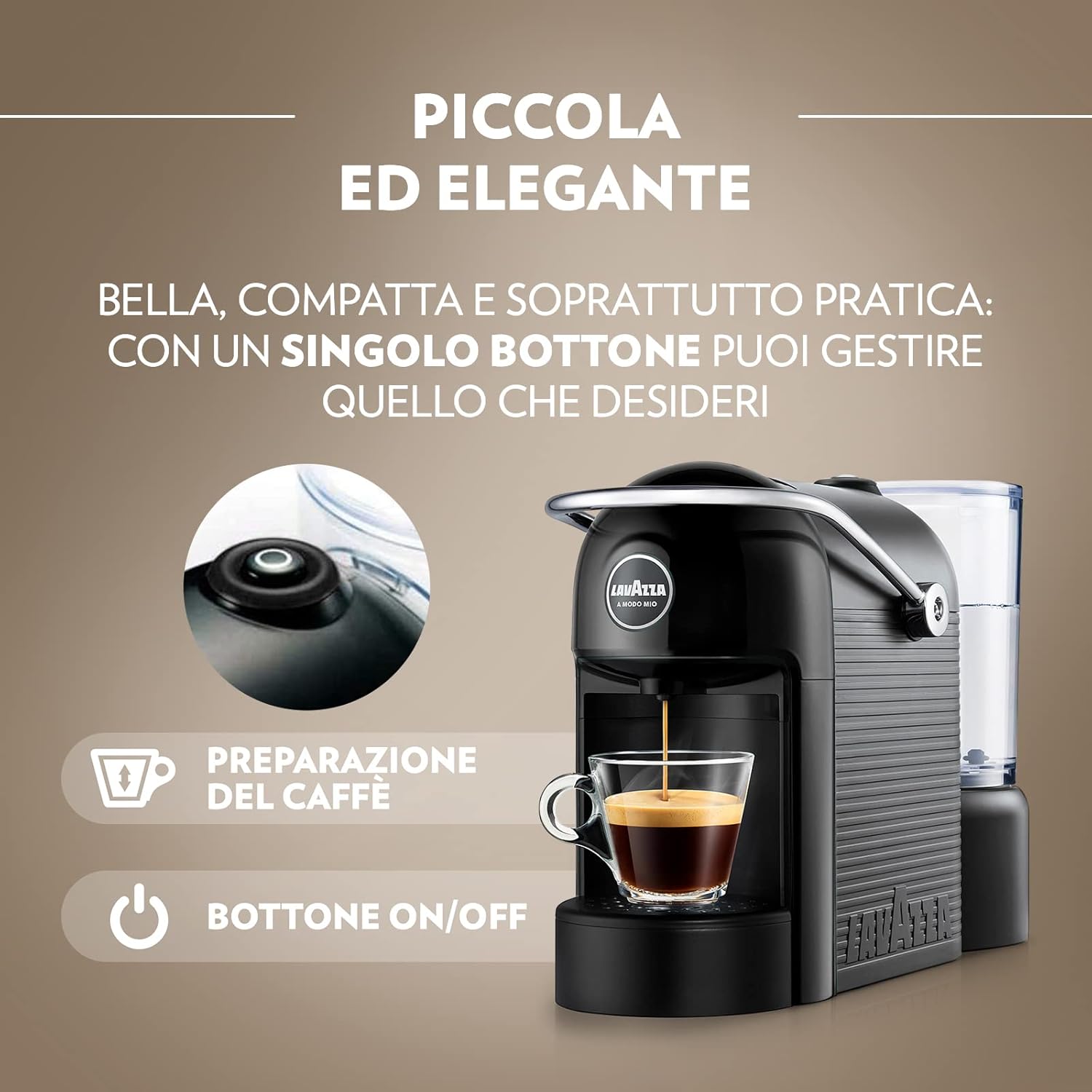 Lavazza, A Modo Mio Jolie, Macchina per Caffè con 64 Capsule Crema e Gusto Classico Incluse, Silenziosa, Poggia Tazza Rimovibile, Spegnimento Automatico, Componenti Lavabili, Nera