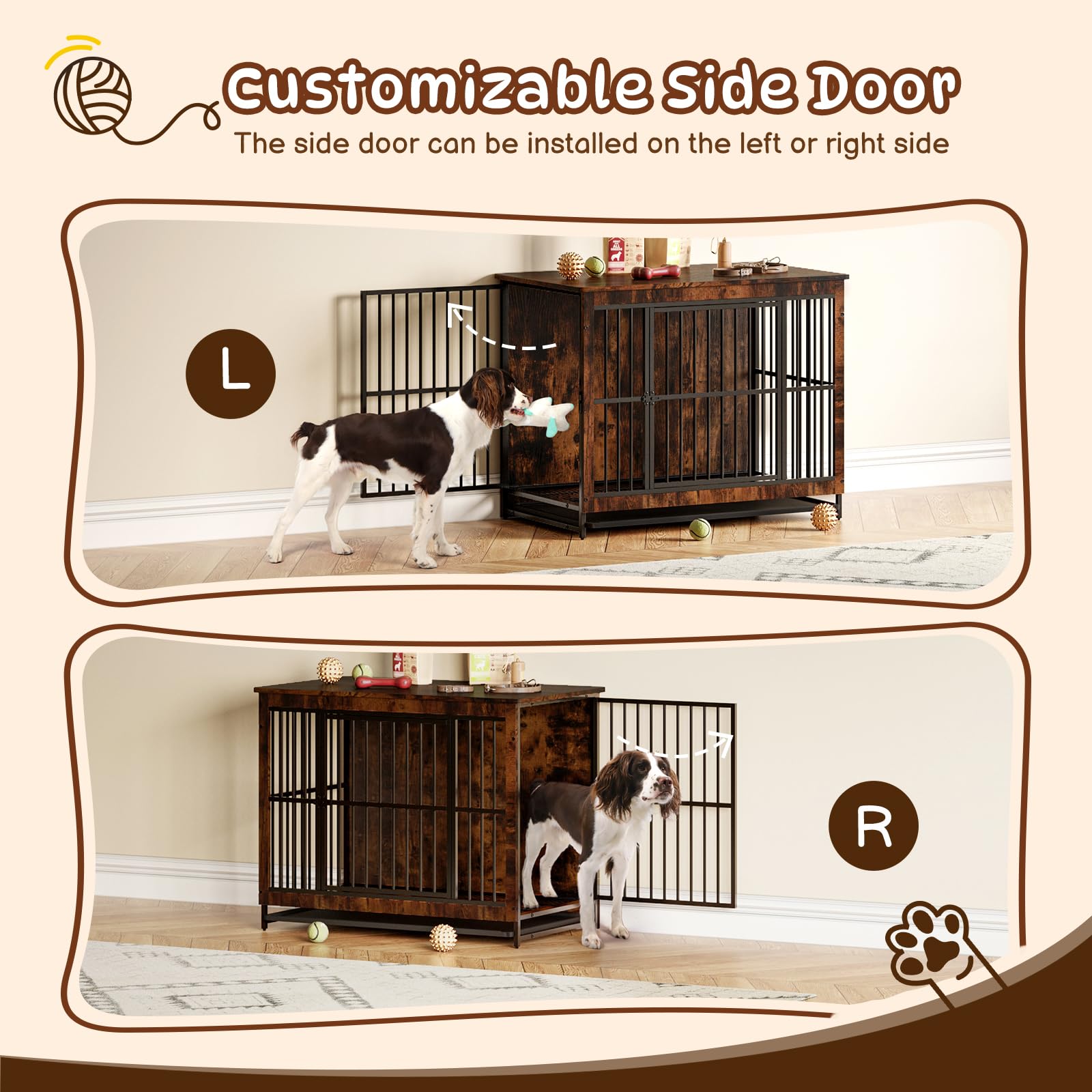 Hello-5ive Grande cage pour chien en bois avec double portes, niche d'intérieur robuste avec plateau amovible pour chiens de petite, moyenne et grande taille, table d'appoint d'appoint, 97,5 x 59 x