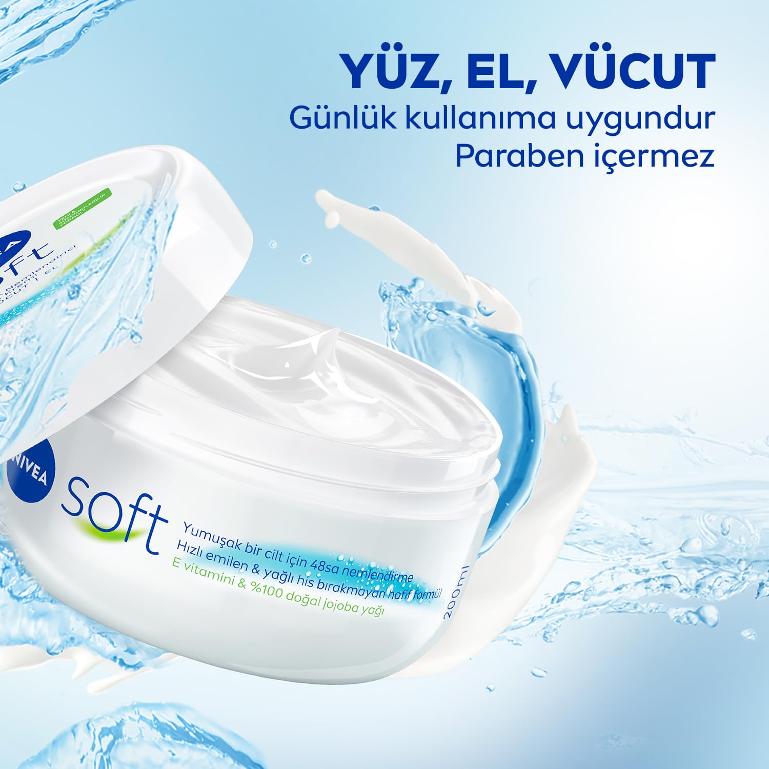 NIVEA Soft Nemlendirici Bakım Kremi 100 ml, El,Yüz,Vücut Kremi, 48 Saat Nemlendirme,Jojoba Yağı,E Vitamini,Paraben İçermez