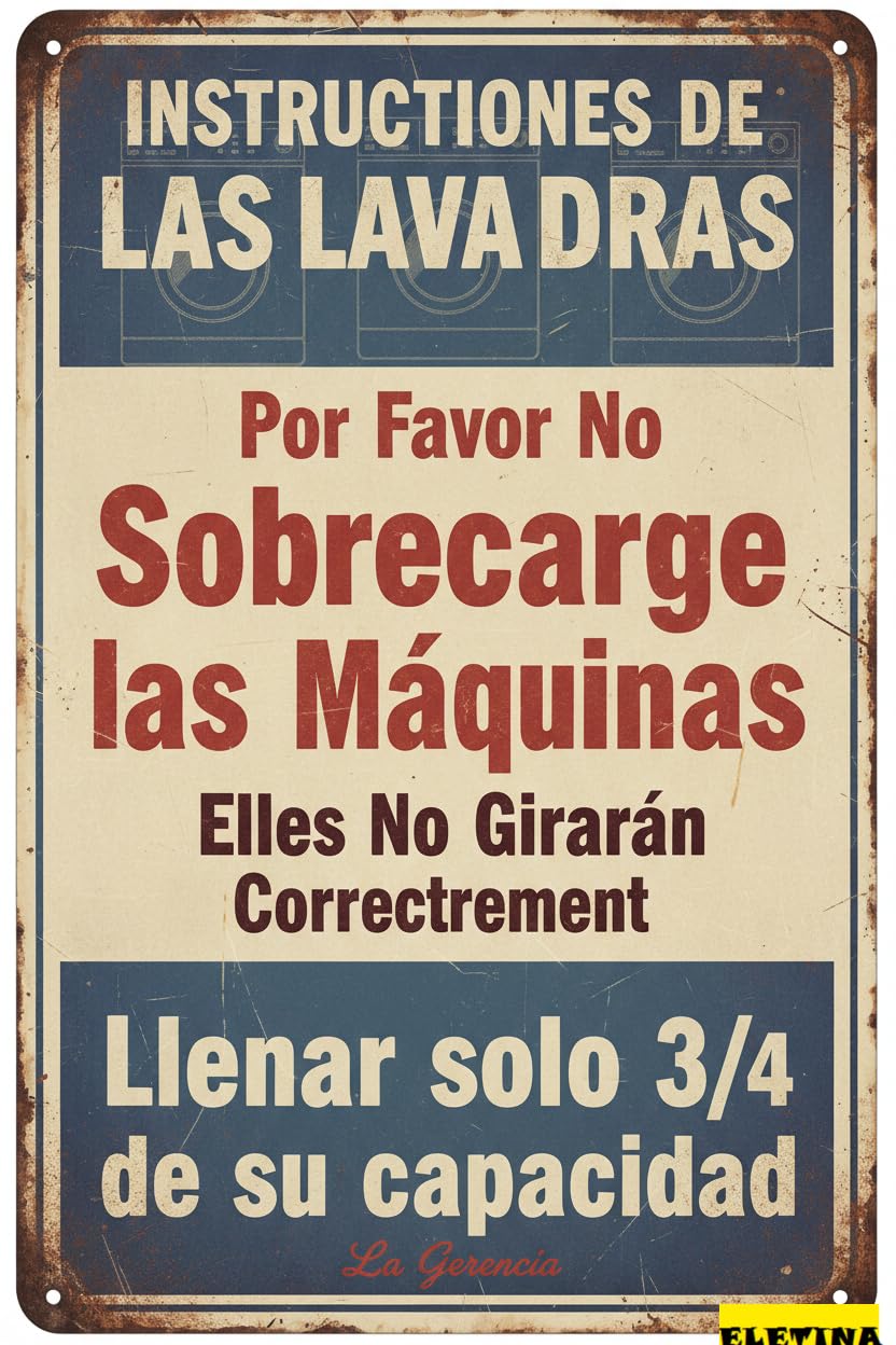 Vintage Metal Tin Sign for Man Cave Spanish Washing Machine Instructions Do Not Overload 12x8 Inches Private Property Decorative