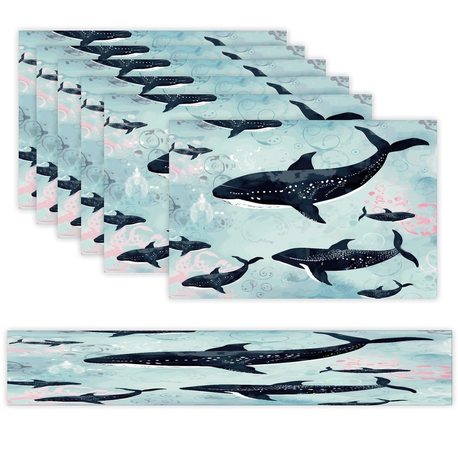 Whale Table Runner and Placemats Set of 6 Wipe Clean Heat Resistant Table Mat with Table Runner Decorations Flax Linen Place Mat Set for Home Kitchen Party Supplies