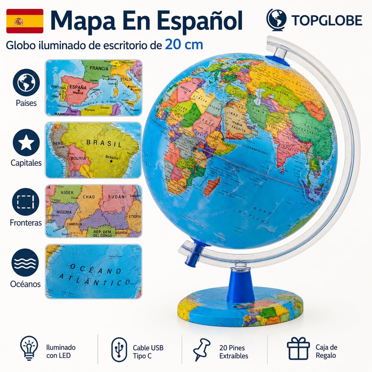 Mappamondo illuminato 20 cm mappa spagnola USB con pin