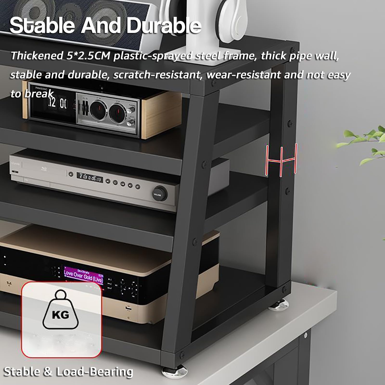 Supporto AV da tavolo, scaffale audio-video con ripiano in legno, armadio stereo aperto, armadio componente, mobile per scrivania per computer, nero, 3 livelli, larghezza 45 cm