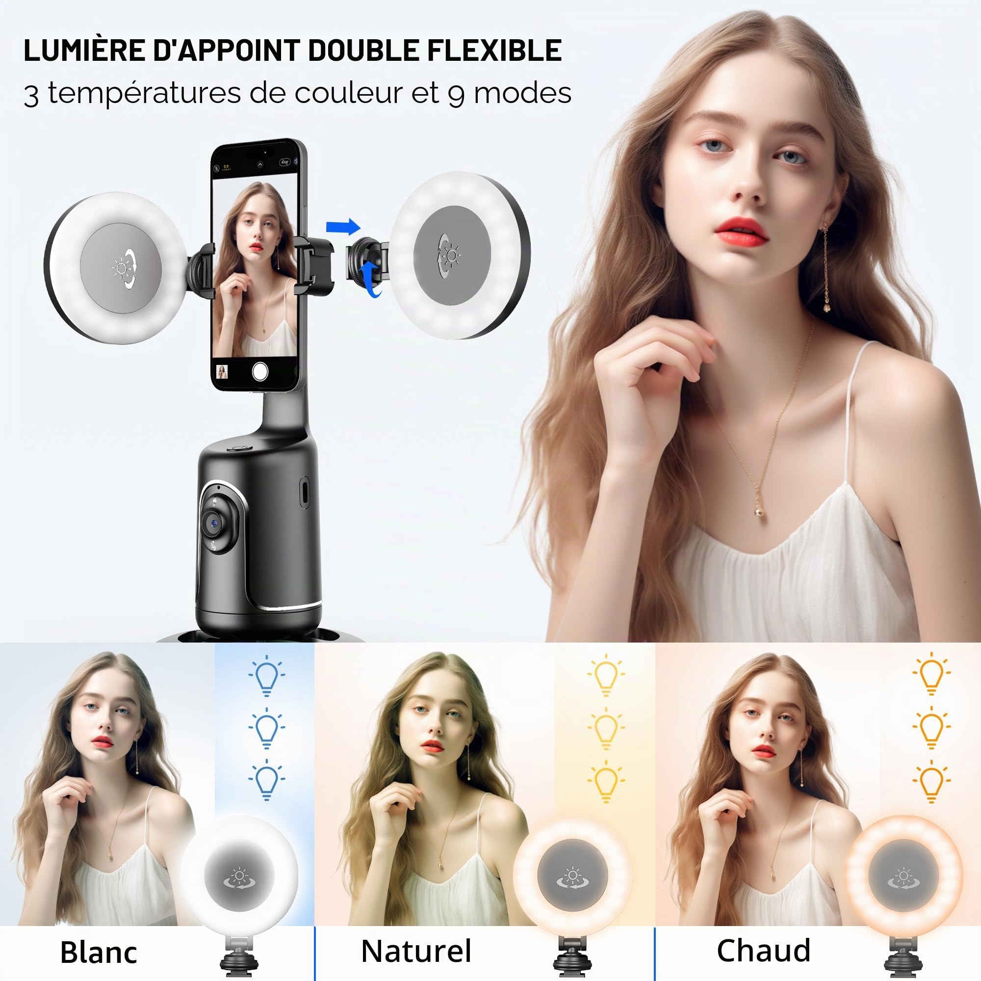 Trépied de Suivi Automatique du Visage 360 avec 2 Ring Light, Support de Téléphone Intelligent Selfie Stick Aucune APP Requise Suivi Automatique Intelligent du Visage pour vidéos Youtube et TikTok