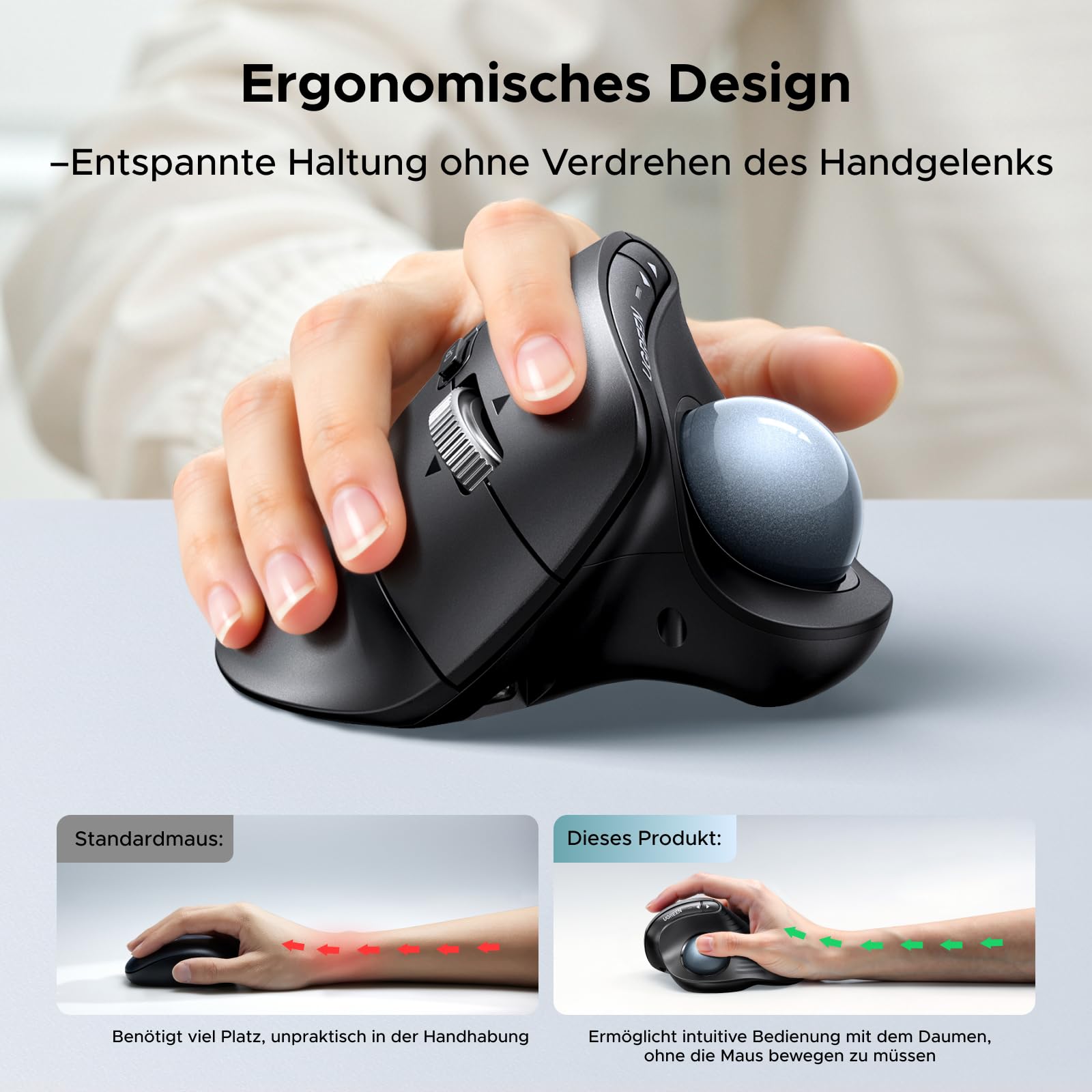 UGREEN Kabellose Trackball Maus Wiederaufladbare Ergonomische Maus | Bluetooth Maus mit Fingerbedienung, Ultra-schnelles Scrollen, 2.4G & Bluetooth Multi-Geräte für PC, Mac, Windows