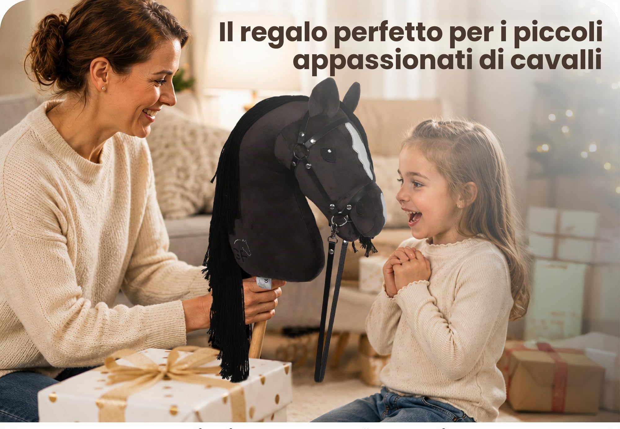 GaloppFreude Hobby Horse Horse - Cavallo grande A3 con asta a vite e flangia - Cavallo da equitazione per bambini e cavalli con crinini lunghi, accessori per Hobby Horse