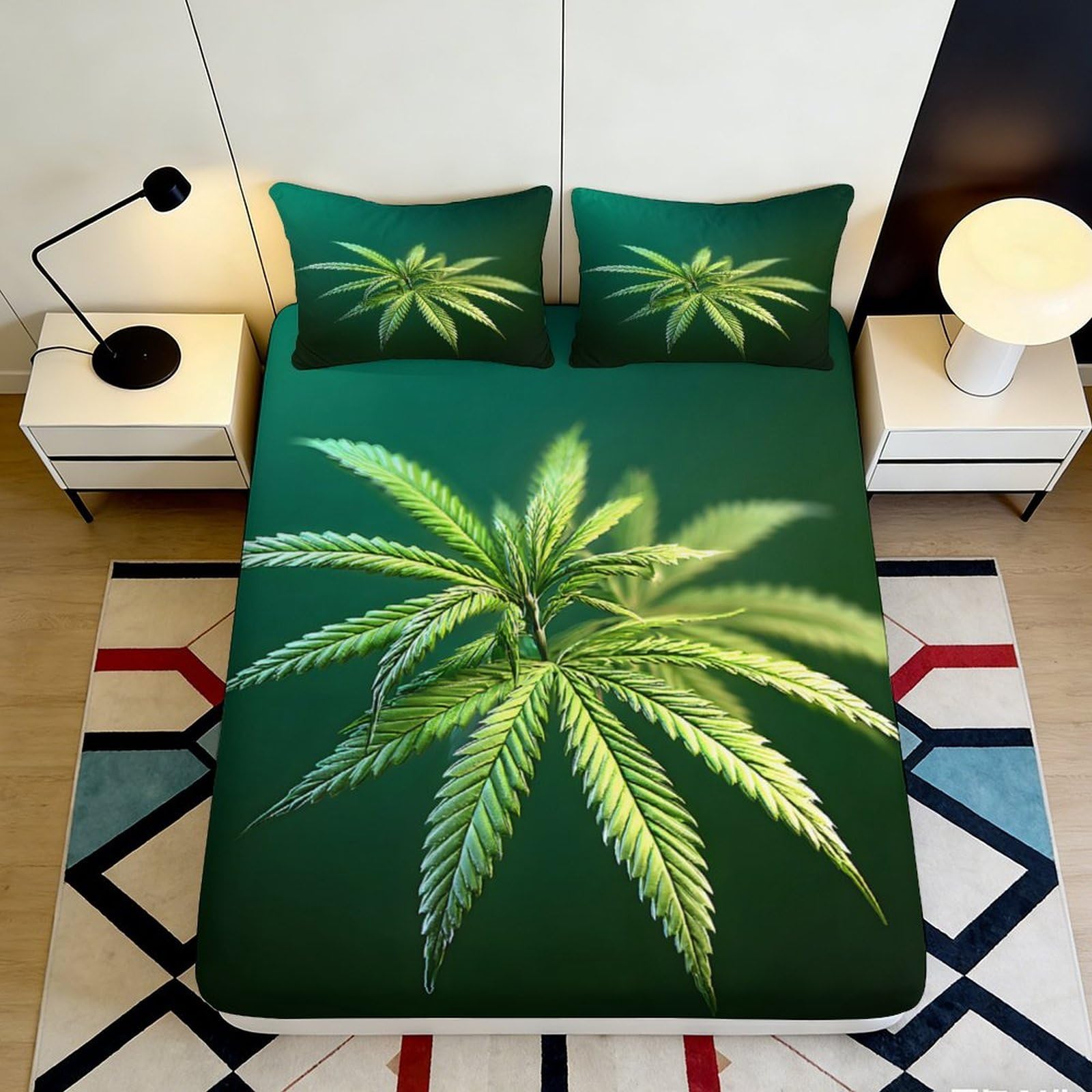 Pnayamiorkfel Style-7 3D Printed Green Cannabis Leaf Fitted Sheet Microfiber Soft Anti-Slip Bed Cover For Bedroom Dorm Easy Care 90X200x25cm