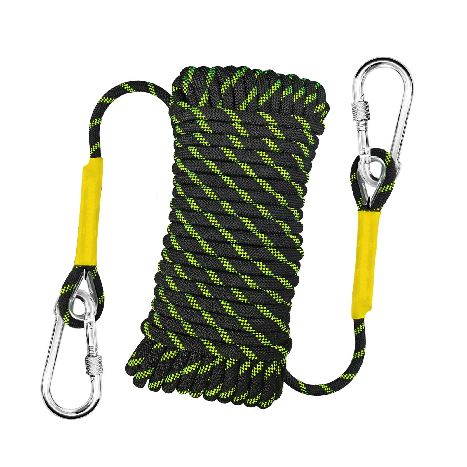 Corde Statique 10mm 10m Nylon Tressée avec Crochets Acier pour Escalade Extérieure UIAA Noir Fluorescent