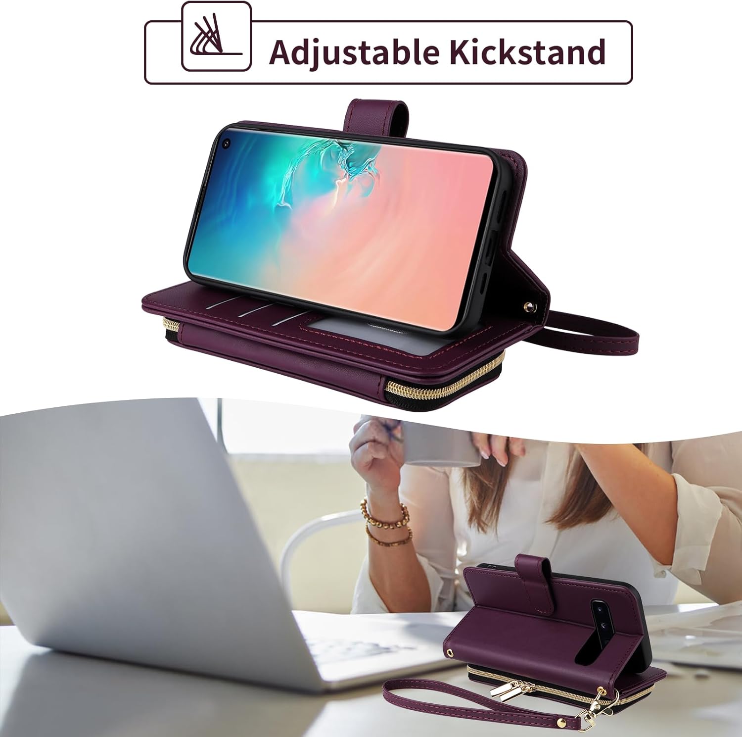 Wallet Case for Samsung Galaxy S10 Plus with Wrist Strap, Crossbody Shoulder Strap, Luxury PU Leather Stand Phone Cover with 9+ Card Slotsfor S10+ S10plus 10S Edge S 10 10plus Women Deep Purple