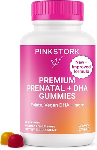 Pink Stork Gomitas prenatales premium con DHA, ácido fólico y vitamina D, mezcla de multivitamínicos y nutrientes para el desarrollo del tubo neural