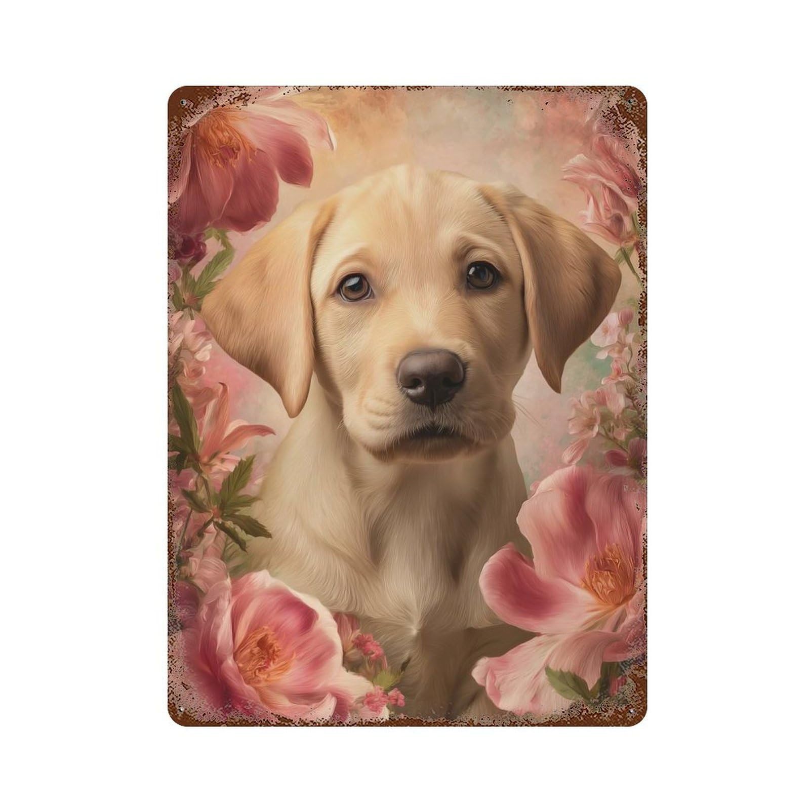 Rust Effect Labrador Puppy with Pink Flowers Decorative Tin Sign 15.7"x11.8", Rustic Home Decor for Cafe, Home Bar And Lounge Decor