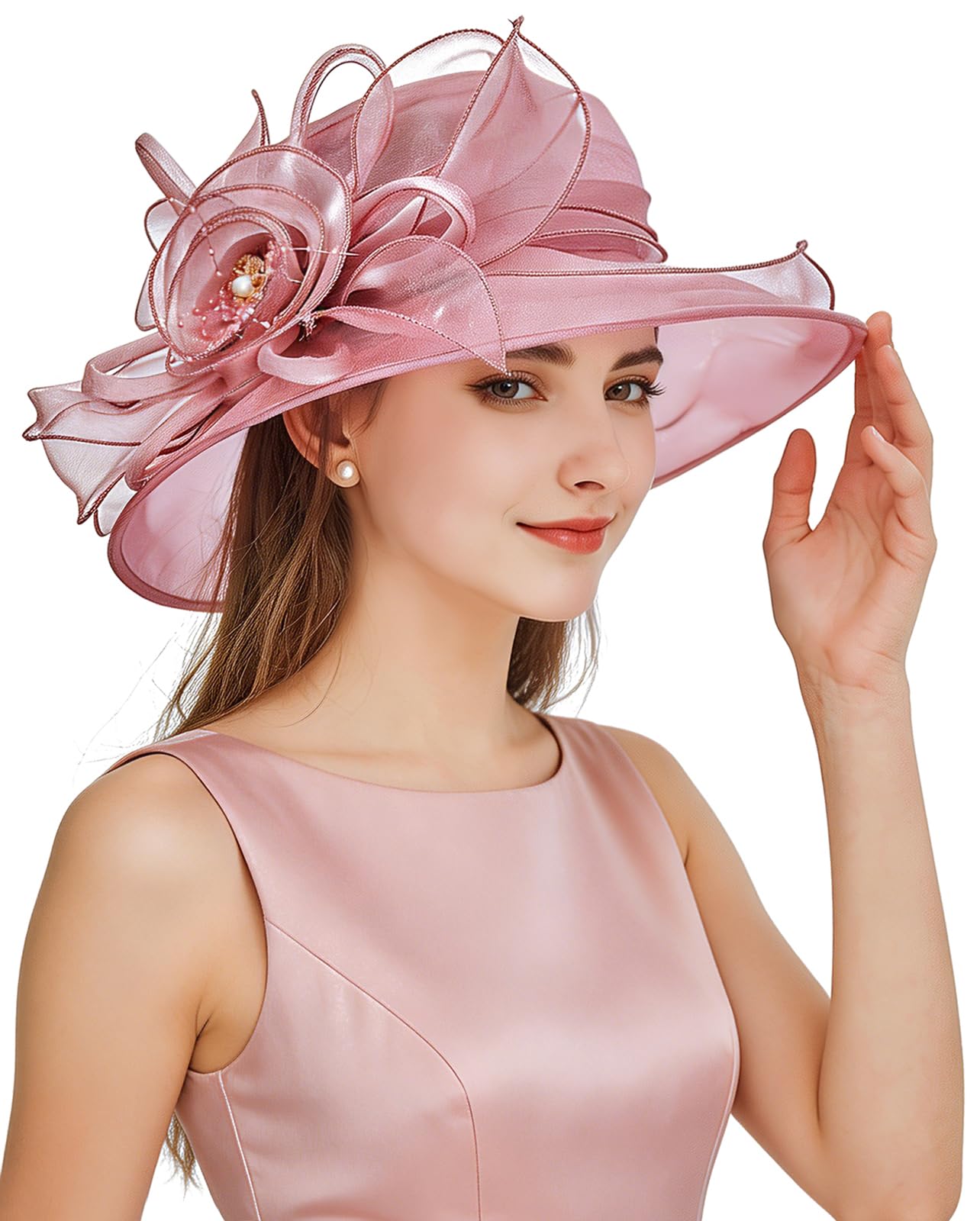 Z&X Organza Church Fascinator Kentucky Derby Hats for Women Flower Wedding Tea Party Hat Wide Brim Sun Hat Pink