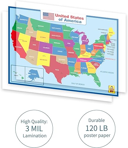 Miniatura 2 de Póster laminado de mapa de Estados Unidos, póster educativo de doble cara para niños y adultos, mapa impermeable de 17 x 23 pulgadas para el aula en