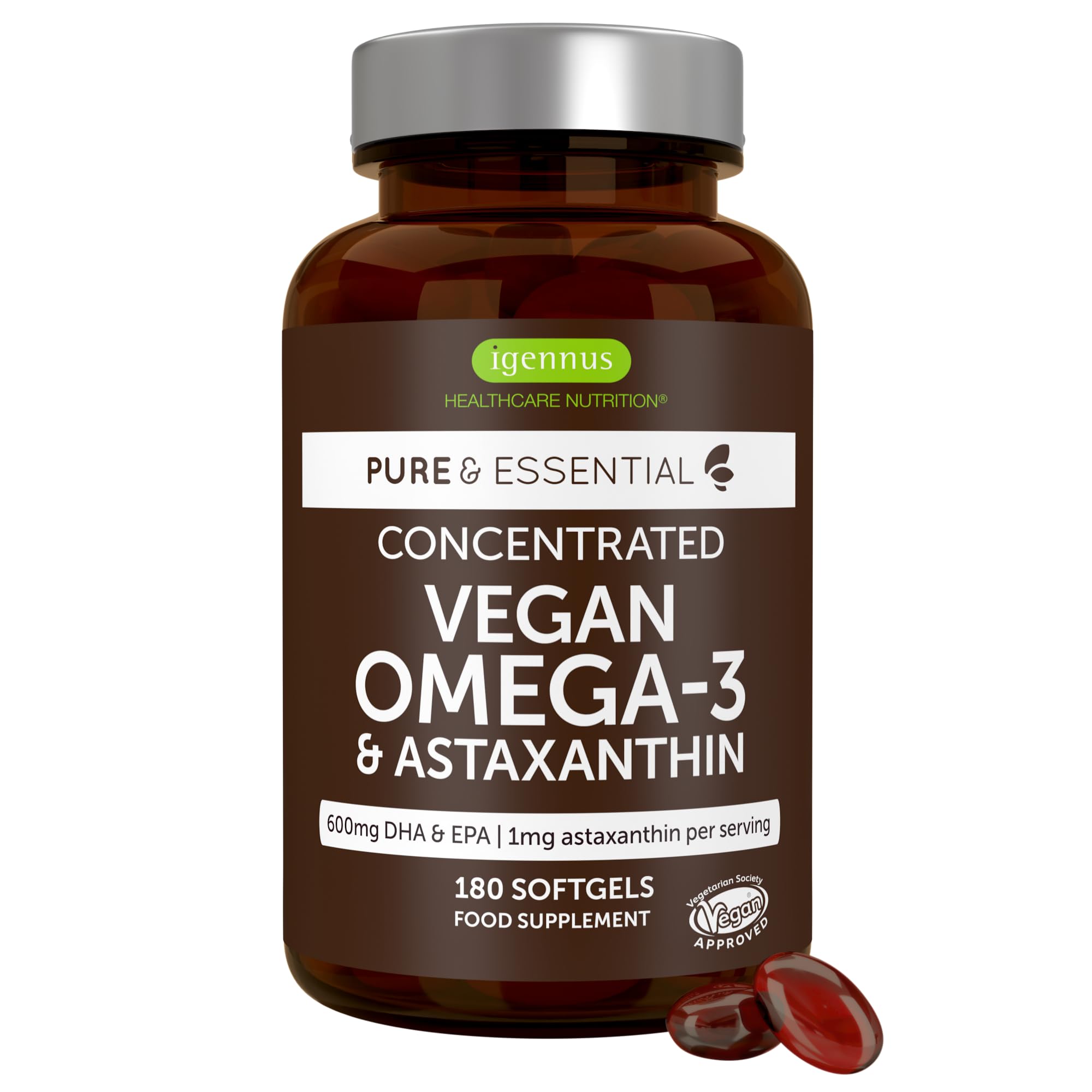 Igennus Vegan DHA & EPA Omega 3 90 Servings,1344mg Algae Oil & Astaxanthin Antioxidant, Lab Tested Pure & Sustainable, 400mg DHA & 200mg EPA, Easy-to-Swallow, 180 Small Softgels