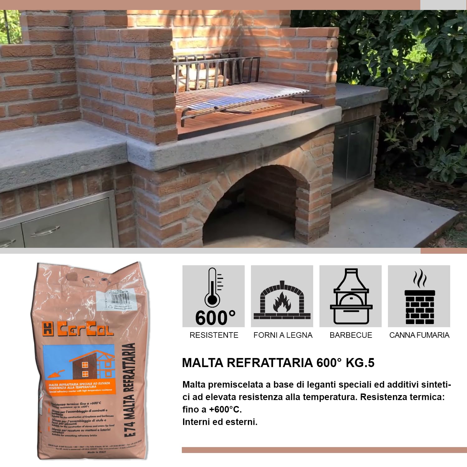 MASTERBRICO Cemento Refrattario Alta Temperatura 5 kg Grigio – Malta Resistente Fino a 600°C per Forni a Legna, Barbecue, Caminetti, Stufe – Pronto all’Uso per Lavori in Muratura
