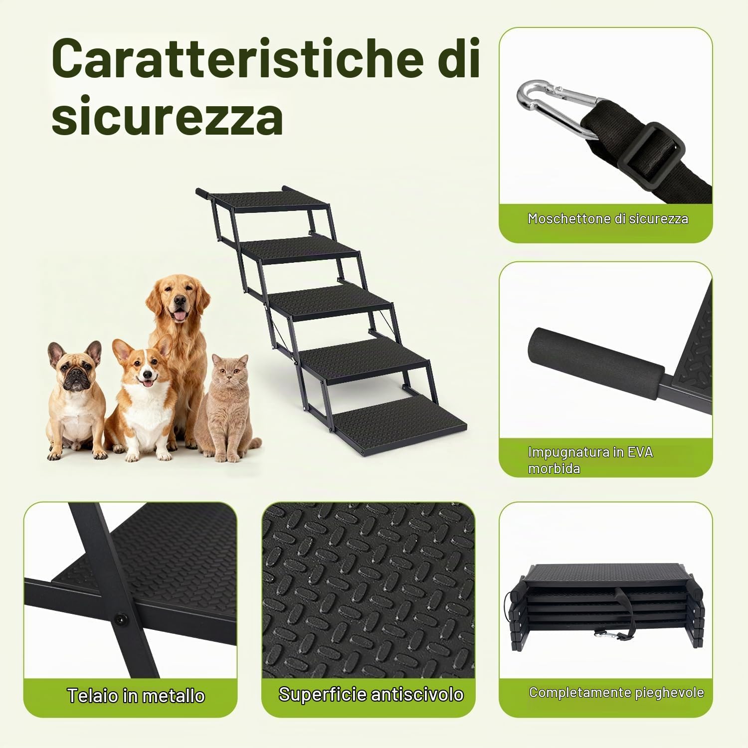 Rampa per Cani Pieghevole,Scaletta per Cani 5 Gradini, superficie antiscivolo, scala pieghevole per cani fino a 100 kg, per animali domestici, auto, SUV, furgoni