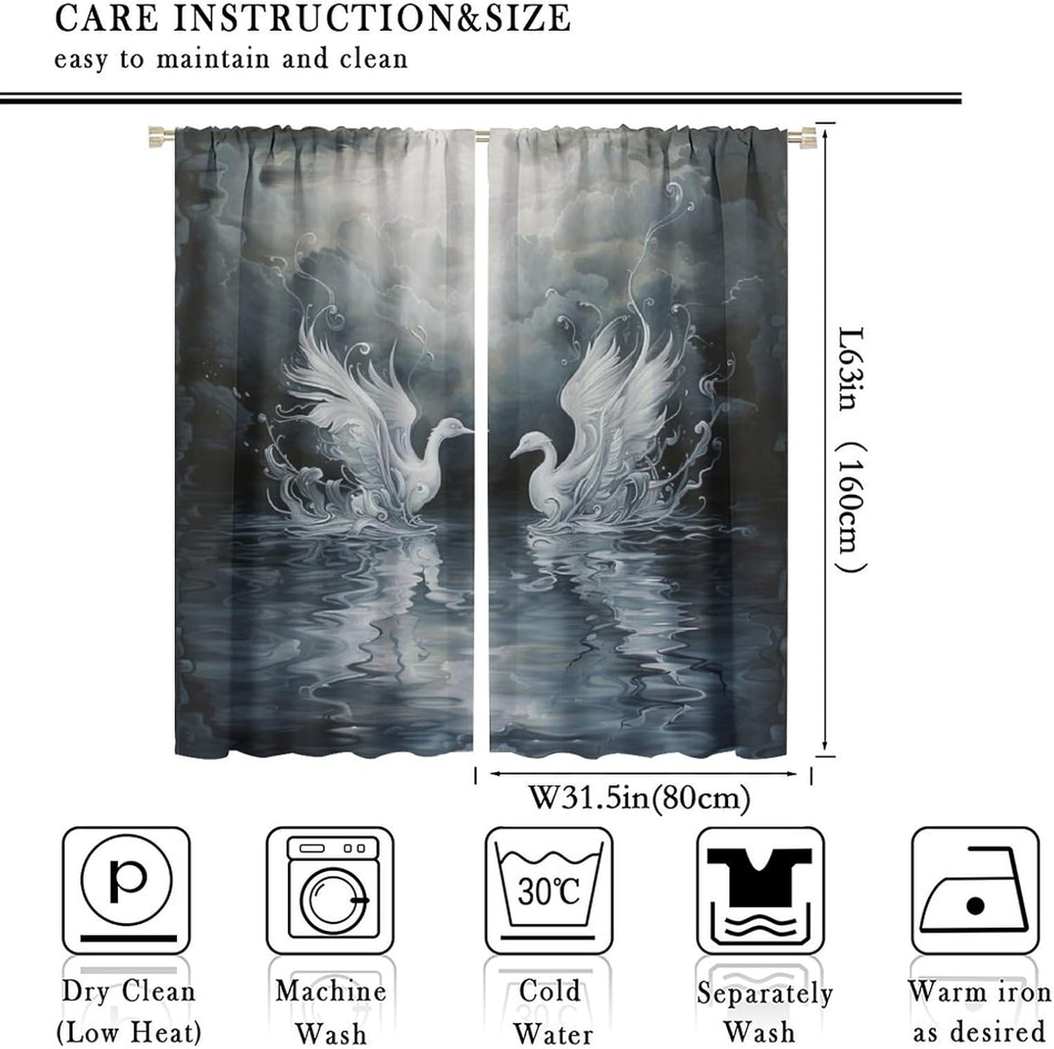 Brebasf Modern Gothic Valentine Day Swan Curtains Rustic Painting Art Nature Wildlife Swan Bird Window Drapes Blackout Curtains Rods Pocket Curtains 2 Panels 63" L x 31.5" W