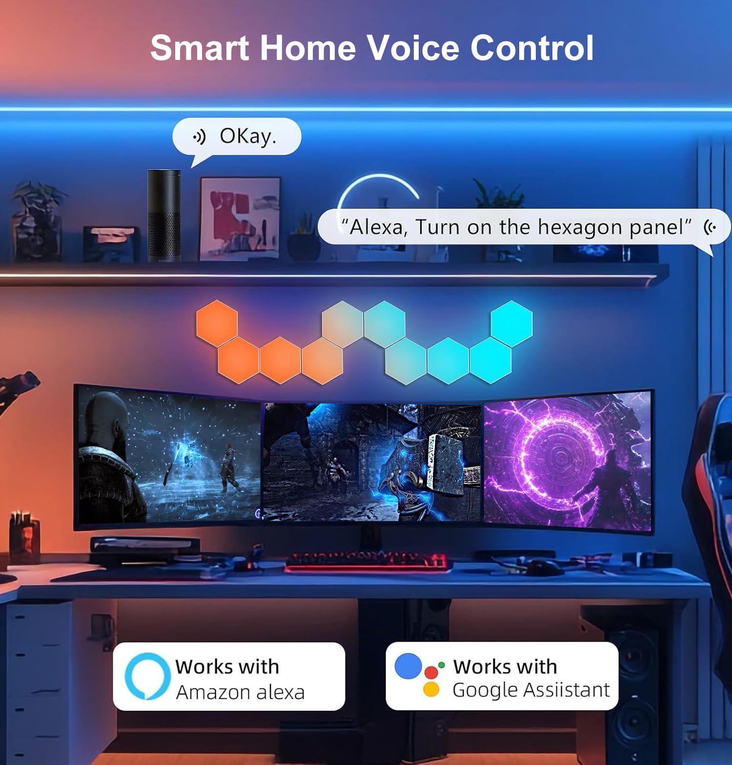 Hexagon LED Panel für Gaming Setup, 14 Smart Home Gaming LED Sechseck Wandleuchte Funktioniert mit Alexa Google Assistant, Gaming Wandpaneele Sprach- App-Steuerung Musik Sync für Zimmer Deko Geschenk