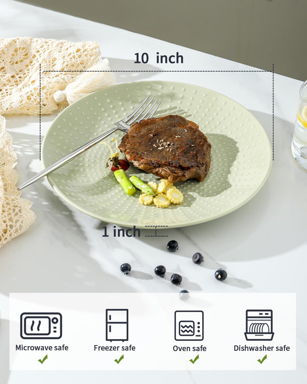 HASENSE Dinner Plates Set of 4, 10'' Ceramic Embossed Dishes Plates