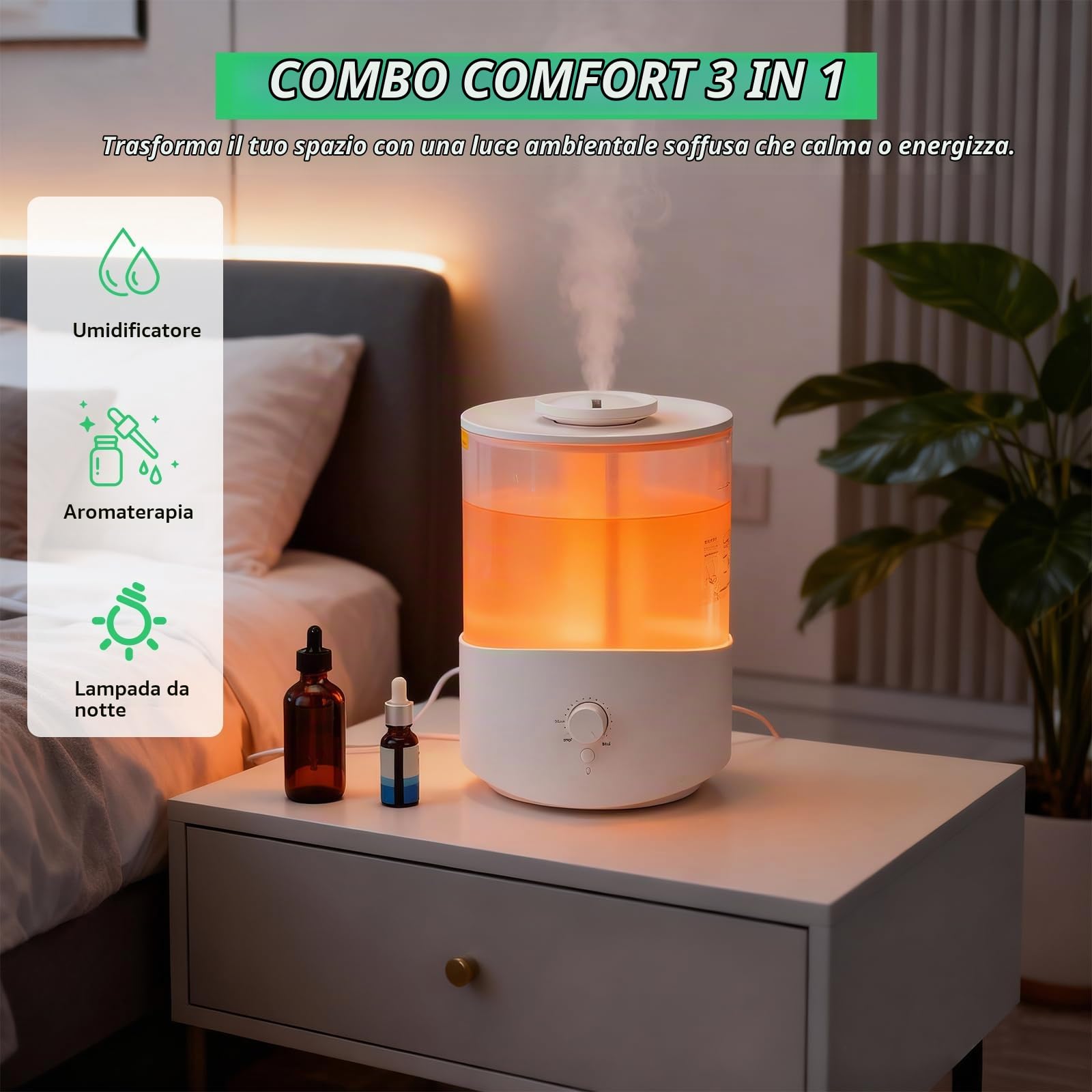 Cozary 2,5L Umidificatore Ambiente, Top Fill, 28H Diffusore di Oli Essenziali, Spegnimento Automatico, 23 dB Silenzioso, con Luce a 7 Colori, Ugello a 360°, per Camera da Letto, Cameretta, Piante
