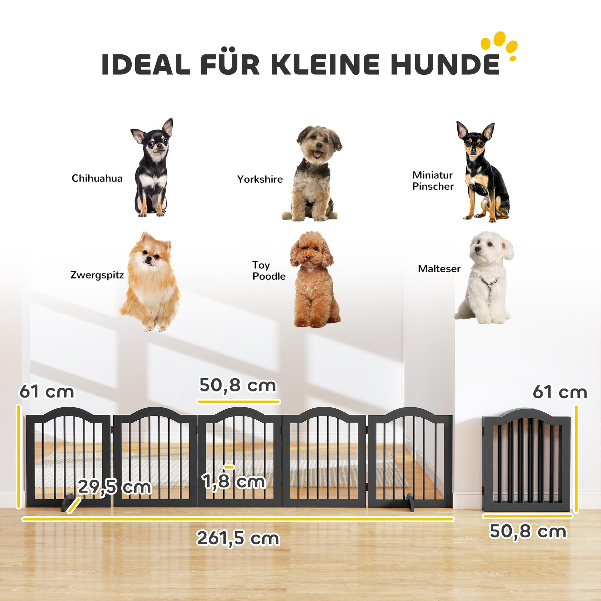 PawHut Barrera plegable para perro, 261,5 x 61 cm, color negro | Rejilla para perros de 5 piezas con puerta, con 2 patas de apoyo, rejilla para escaleras para cocina, pasillo