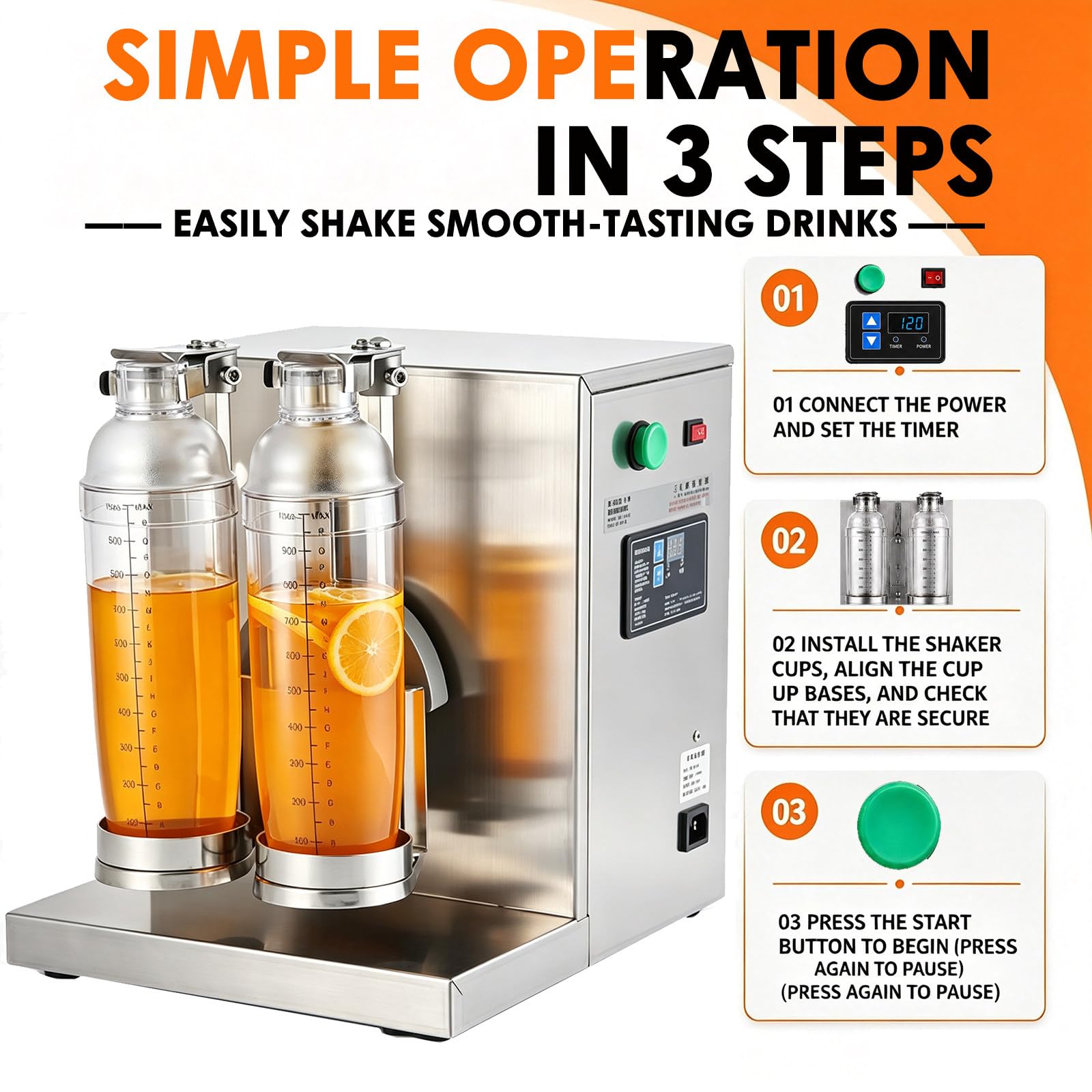 Shaker Automatico a Doppia Stazione, Motore Ad Alta Coppia da 120 W, 400 Giri/Min, Timer da 0 a 120 Secondi, Frullatore Elettrico per Bubble Tea, Cocktail E Succhi di Frutta.