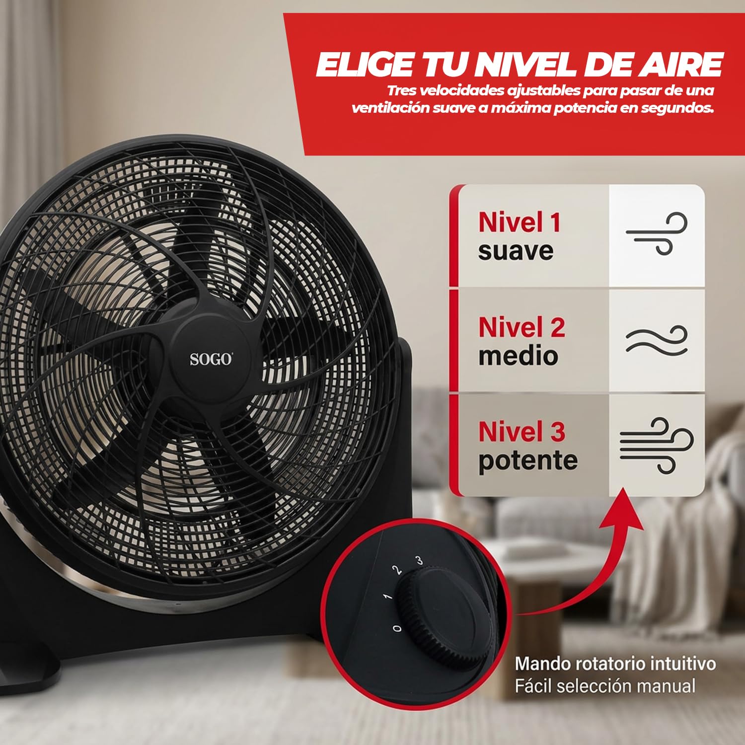 SOGO Ventilador de Suelo Industrial 20” 125W, 3 Velocidades, 5 Cuchillas, Motor Potente, Inclinación Ajustable, Negro - Alto Rendimiento para Taller, Oficina y Hogar