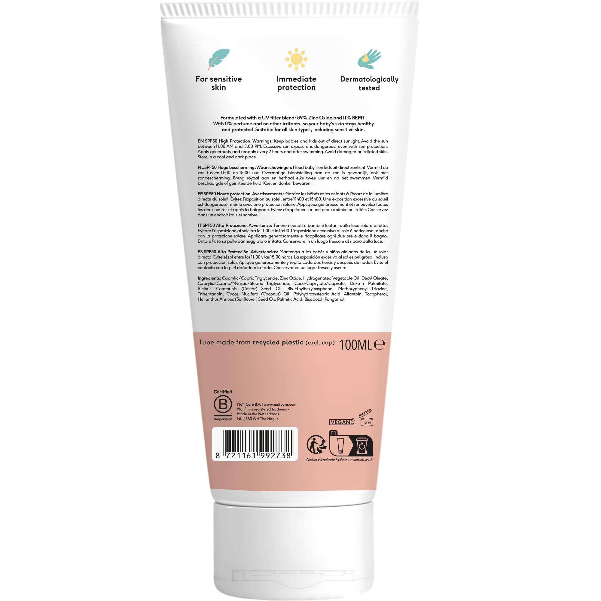 Naïf - Crème solaire minérale - pour bébé et enfant - 0% de parfum - SPF 50 - Protection UVA et UVB - Résistant à l'eau - Testé dermatologiquement - Sans microplastiques - 100 ml