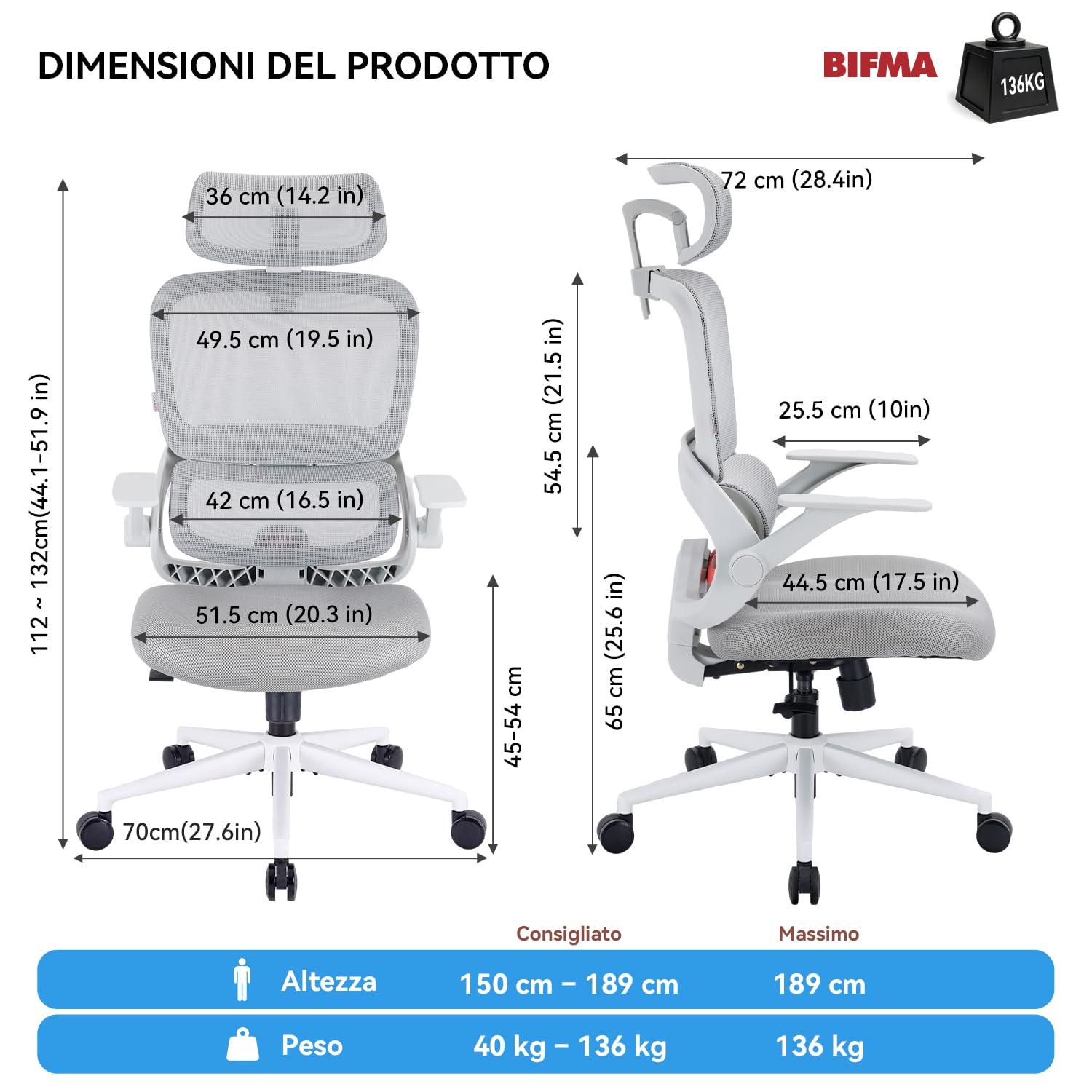SIHOO B100SE Sedia Ufficio, Seduta Visco, Supporto Lombare Dinamico, Bianco