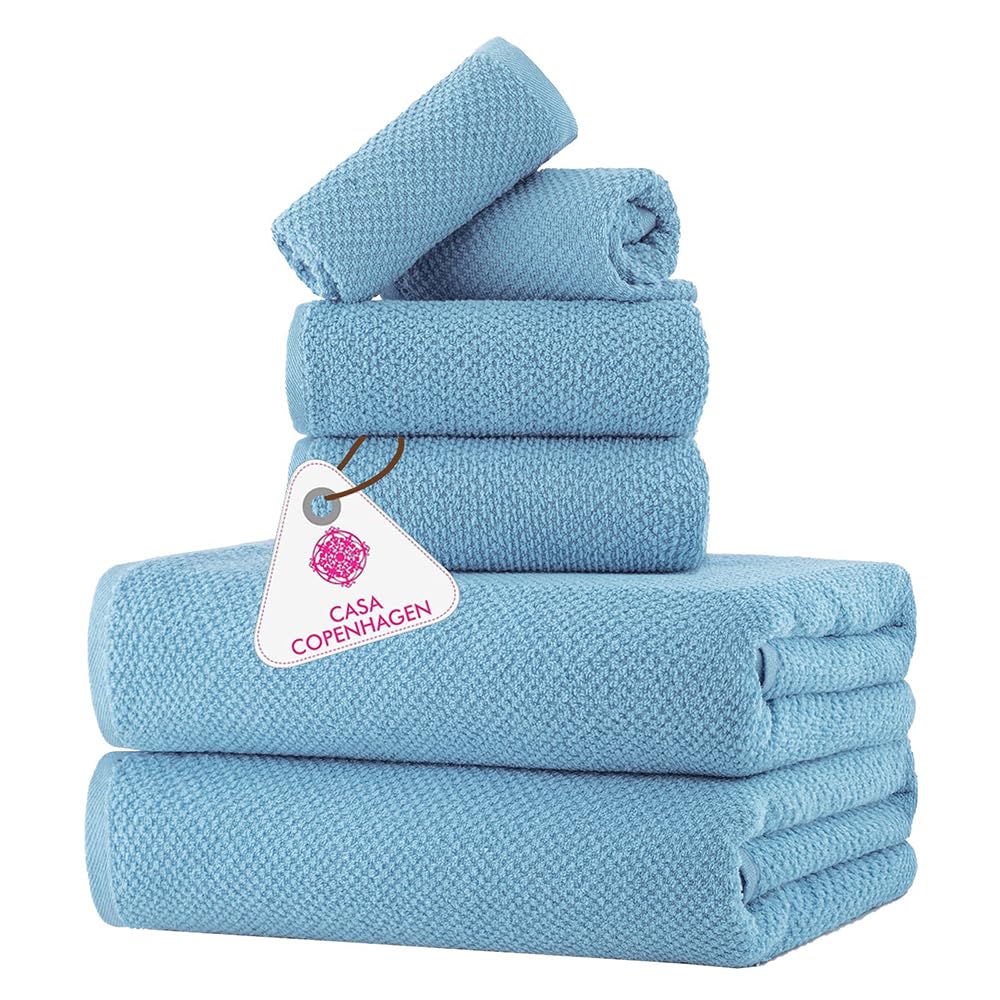 CASA COPENHAGEN Popcorn Textured 6 Pieces Towel Set- Dusty Blue, 550 GSM 2 Bath Towel 2 Hand Towel 2 Washcloth, Rough & Tough Use Cotton Towels Gift Set for Bathroom