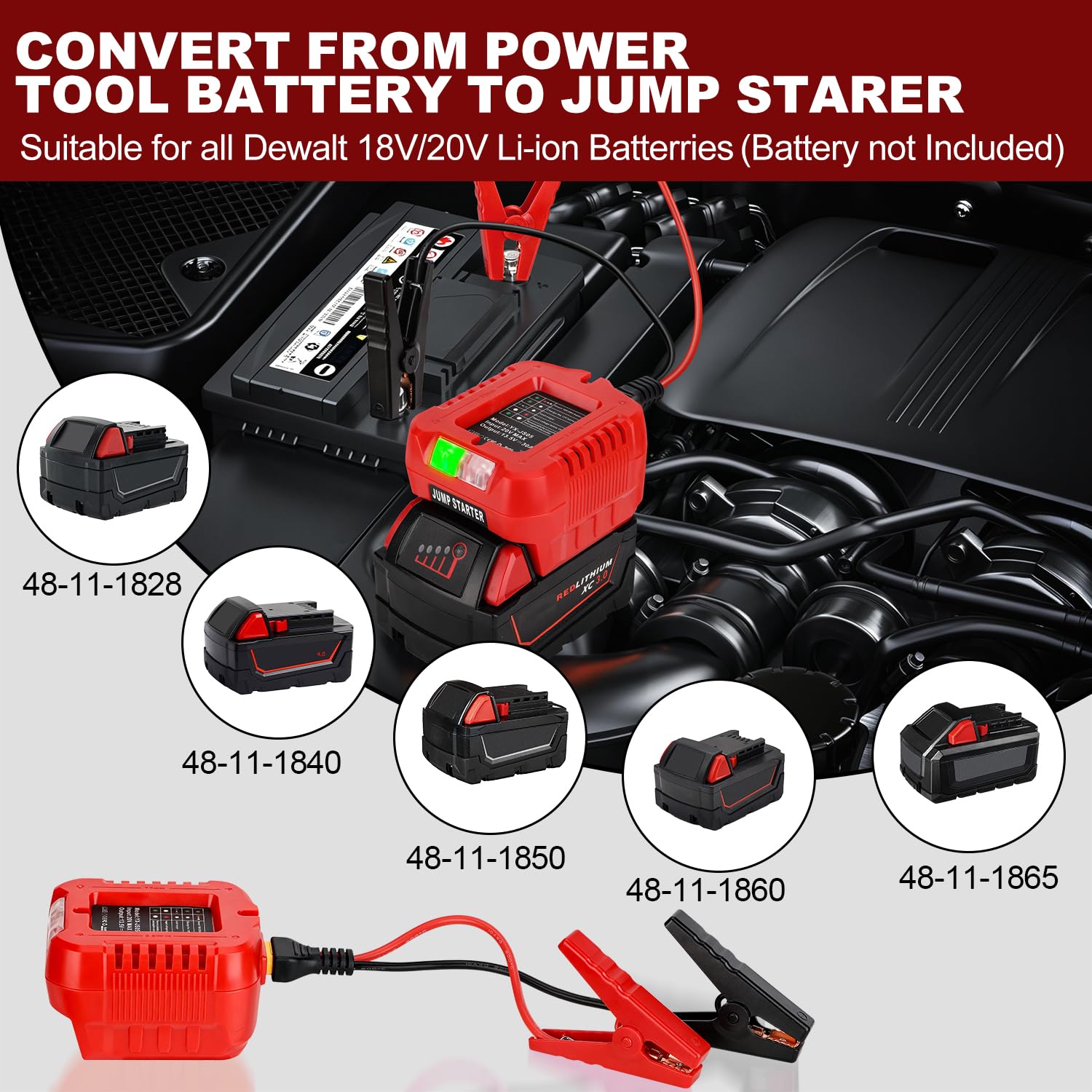 Choerinton Adaptateur de démarrage de voiture pour batterie Milwaukee M18 18 V, booster de batterie automobile avec pinces de câble de démarrage 13,5 V, démarreur d'urgence de voiture (batterie non