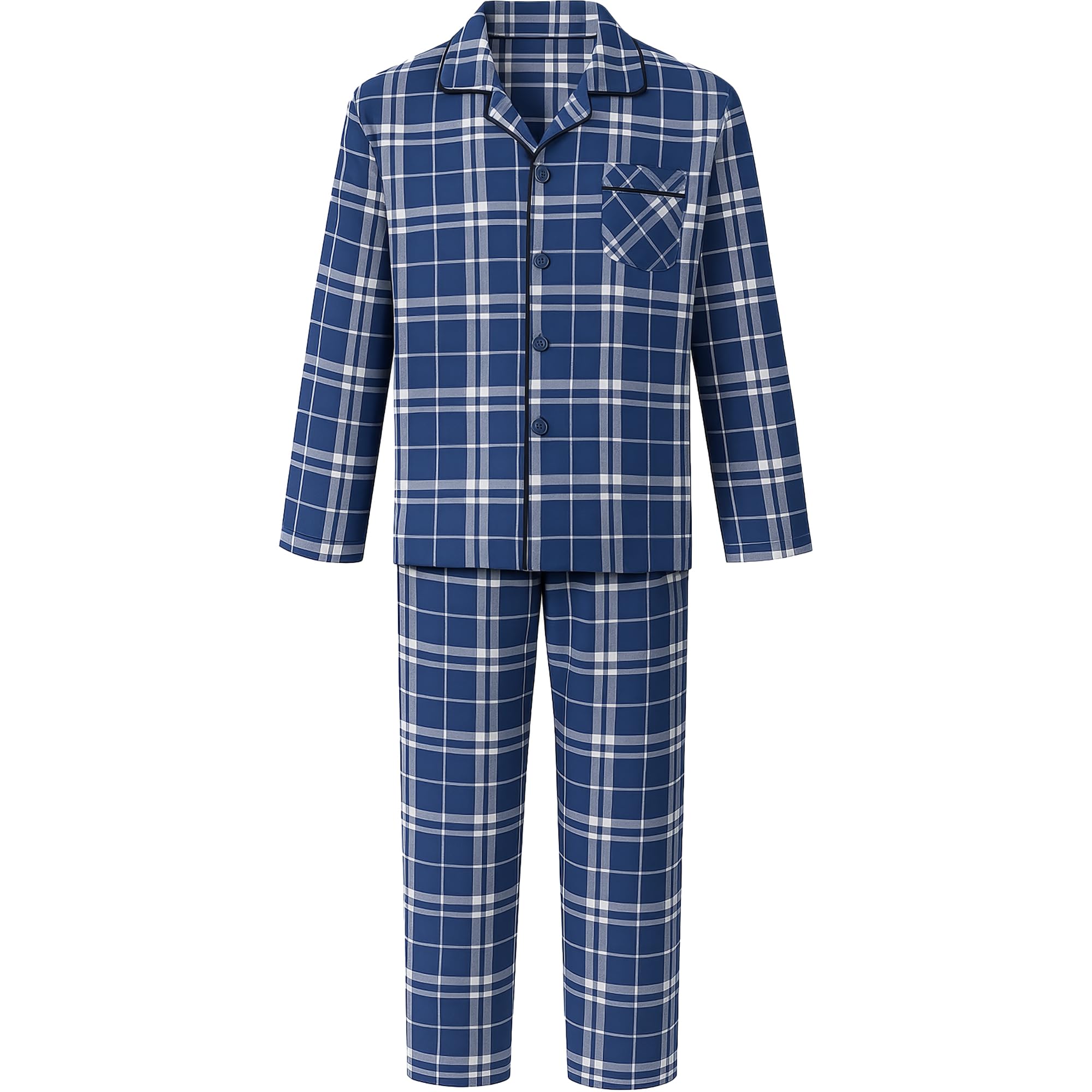 Lamaniere Men's Navy White Checked Pyjama Set Traditional Woven Sleeping Nightwear Top & Bottom Pyjamas Check Trousers & Shirt Set Pjs, 5XL