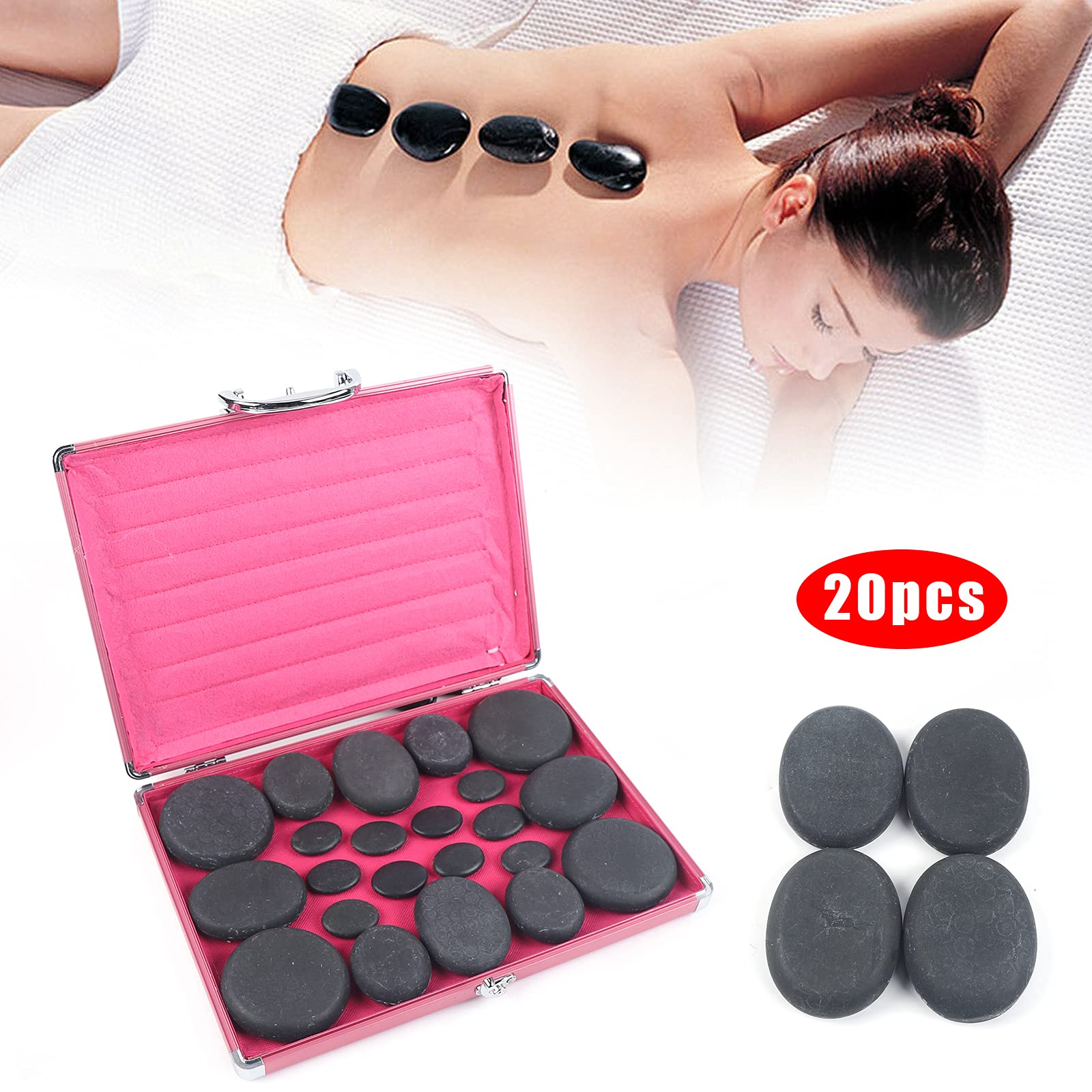 Juego de piedras de masaje para spa con piedras calientes de masaje con calentador, 60 ℃ ± 10 ℃, piedras de calor, dispositivo de spa 20 piezas