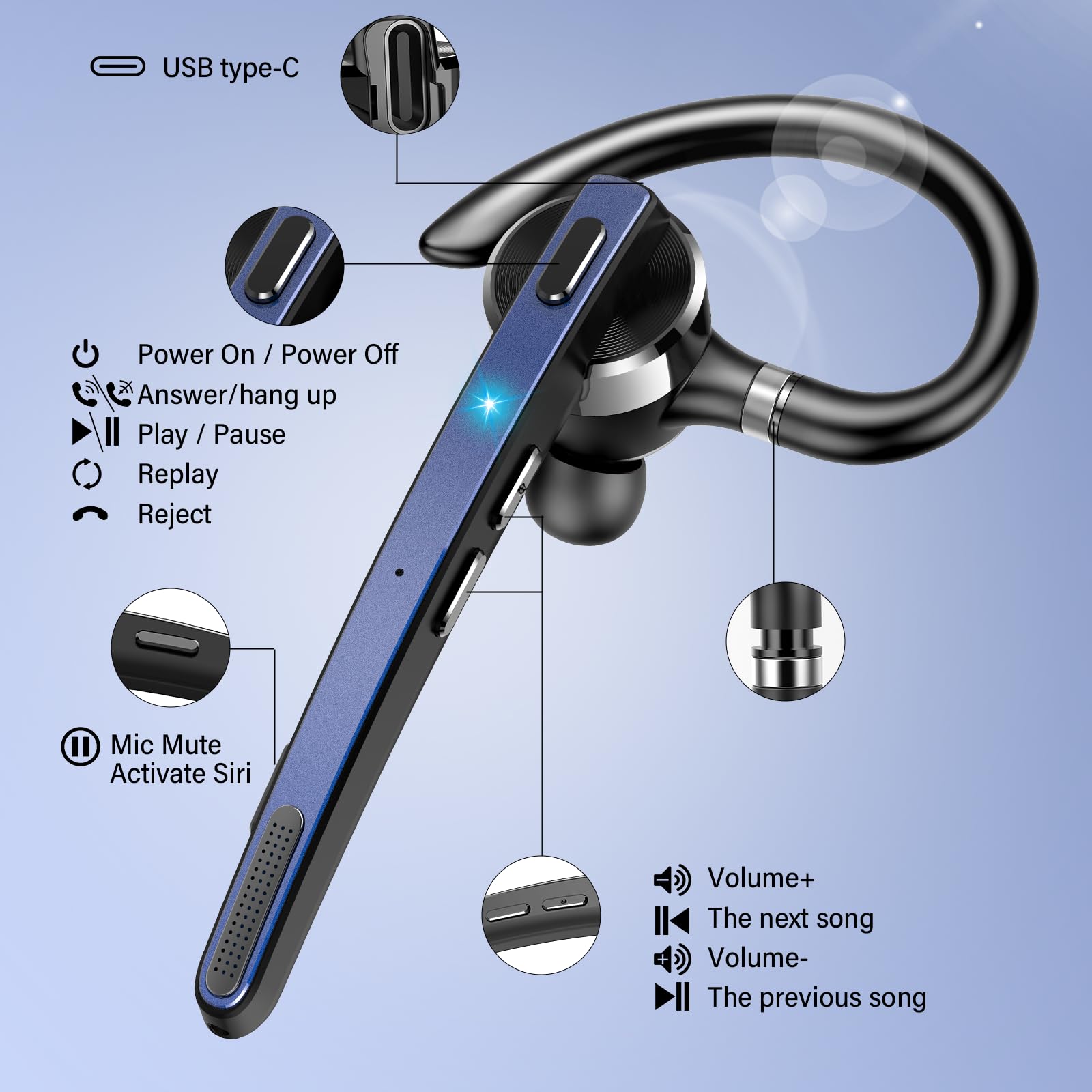 Thunelec Auriculares Manos Libres, 90 Horas aptx Auricular Bluetooth Mono con Doble Mic Cancelación de Ruido, Conexión Dual, Botón Mudo, Auriculares Manos para Camioneros, Negocios y Deporte, Azul